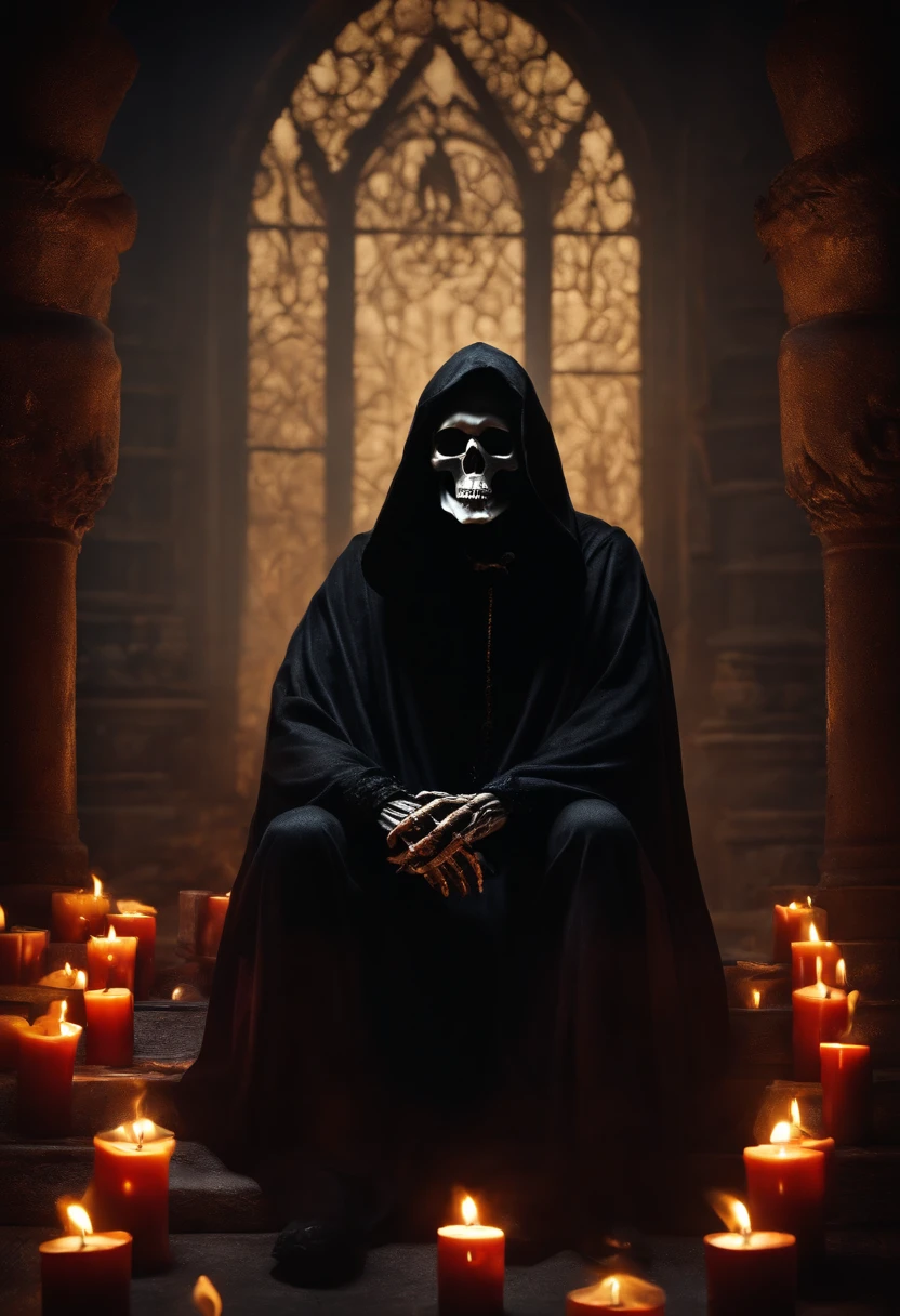 A photo of the grim reaper sitting in a dark room surrounded by lit candles.,original,grim reaper