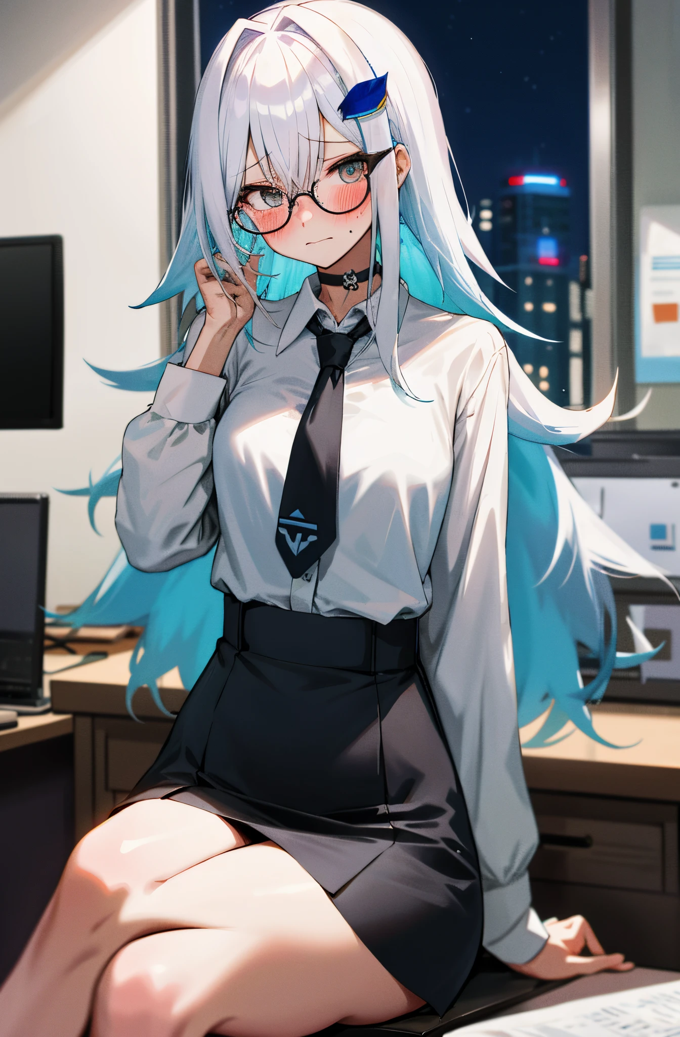 One girl with long messy hair, white hair, blue inner hair, looking at viewer, embarrassed, blushing, tears, indoor , office, white shirts, black necktie, mini skirt, office lady, thigh, slim, dizzy, choker, mid-chest, wide hips, perfect waist, spread legs, night atmosphere, hair ornament, sit on, crossed legs, glasses, pantyhose, (embarrassed:1.0)