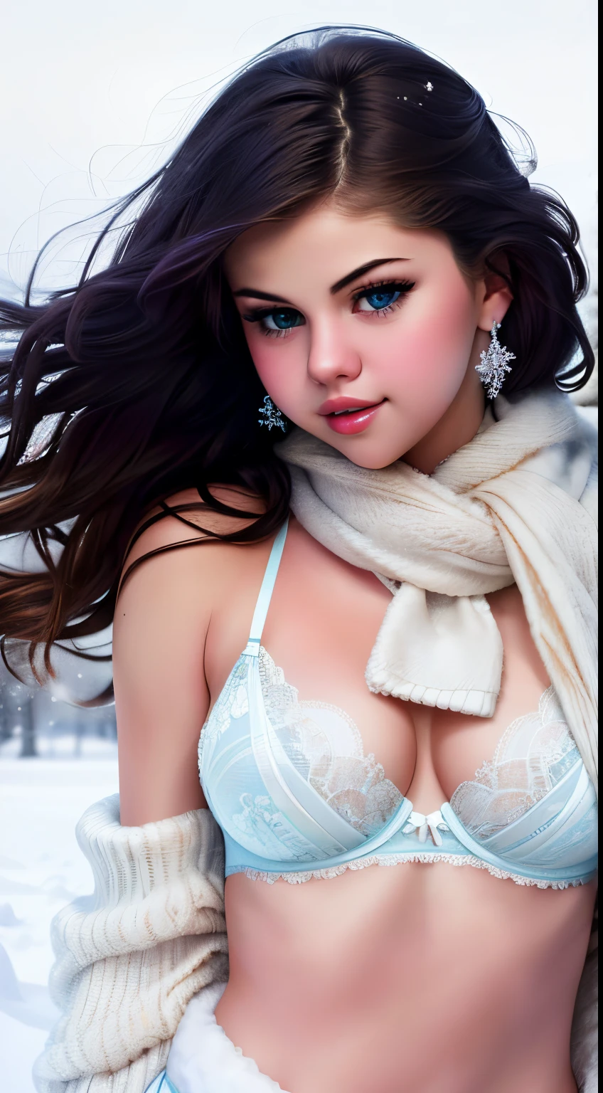 (best quality,4k,8k,highres,masterpiece:1.2),ultra-detailed,(realistic,photorealistic,photo-realistic:1.37),soft lighting,warm color tones,(sparkling snow,soft snowflakes),(((Selena Gomez))), charming smile,long eyelashes, beauty,natural makeup,lace Whool lingerie, whool bra, whool pantie,pastel colors,icy breath,vivid blue eyes,fair complexion,rosy cheeks,soft wavy hair,playful pose,snow-covered background,delicate lace details,subtle blush,sublime beauty,alluring glance,captivating curves,angelic features,feminine charm,alluring winter goddess,sensual allure,snowflake earrings,glowing skin,innocent beauty,winter wonderland,pure elegance,dreamy atmosphere,subtle sensuality,luxurious fabric breathtaking ambiance.