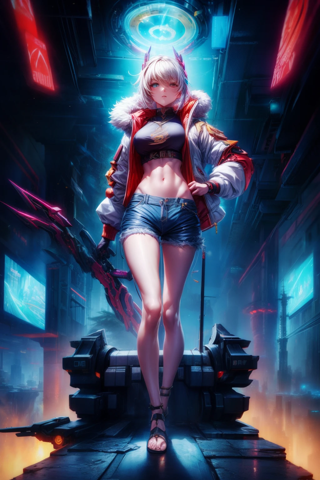 Boutiques,Best quality at best,golden jewelery,(foot slips out),Fairy skin,(Fidelity :1.2),Permanent,ultra-detailliert,actual,high qulity,cinematic lighitnglamplight,ray traycing,hyper HD,The upper part of the body, Girl in shorts and jacket standing next to giant robot, Guviz-style artwork, cyberpunk me, CGSTATION trends, guweiz, Russell Dongjun Lu, digital cyberpunk anime art, ross tran 8 k, guweiz on artstation pixiv, Mecha net armor girl
