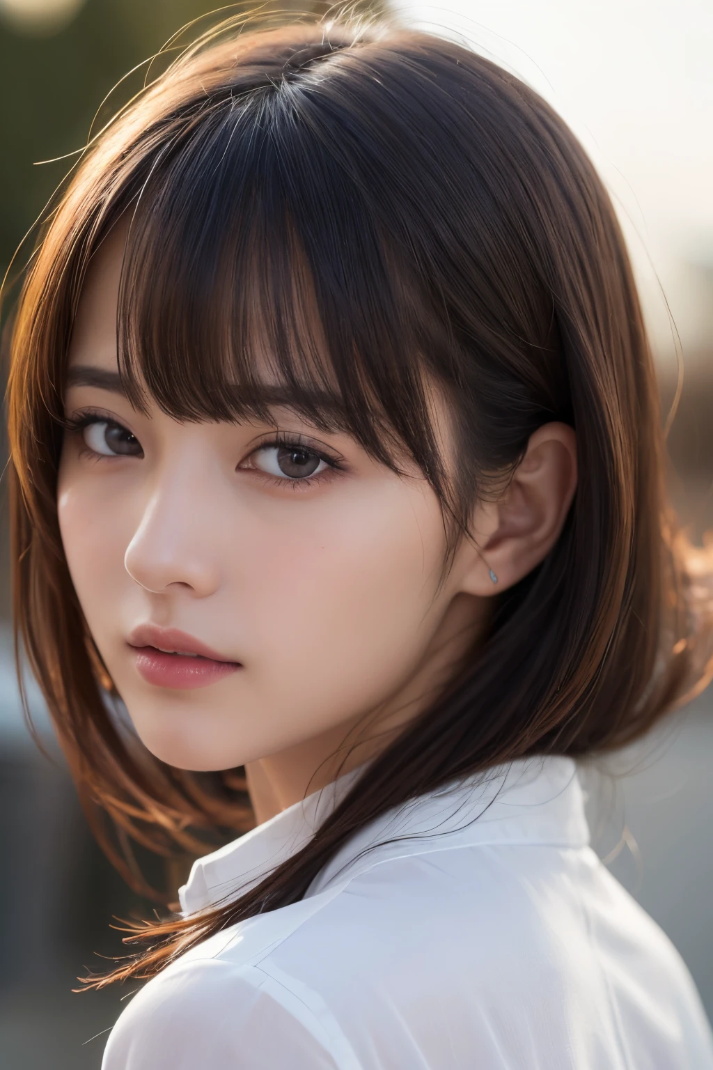 Dress up、(Photo Real:1.4)、(A hyper-realistic:1.4)、(Photorealistic:1.3)、 (Gentle lighting: 1.05)、(Improve video lighting quality:0.9)、32 k、 1girl in、16yo girl、photorealistic lighting、Back lighting、Facial Lights、raytrace、(Bright:1.2)、(Increase quality:1.4)、 (Top quality real texture skins)、Fair eyes,A delicate and delicate face、 (tired and sleepy and satisfied : 0.0), Close-up of the face, Wet White Button Up Shirt : 1.3, (Bodyline mood improvement:1.1)、Glossy skin、 Star、韓国アイドル、乃木坂アイドル、Gravure Idol Pose、Beautiful actress、Neat and clean woman、 full body Esbian
