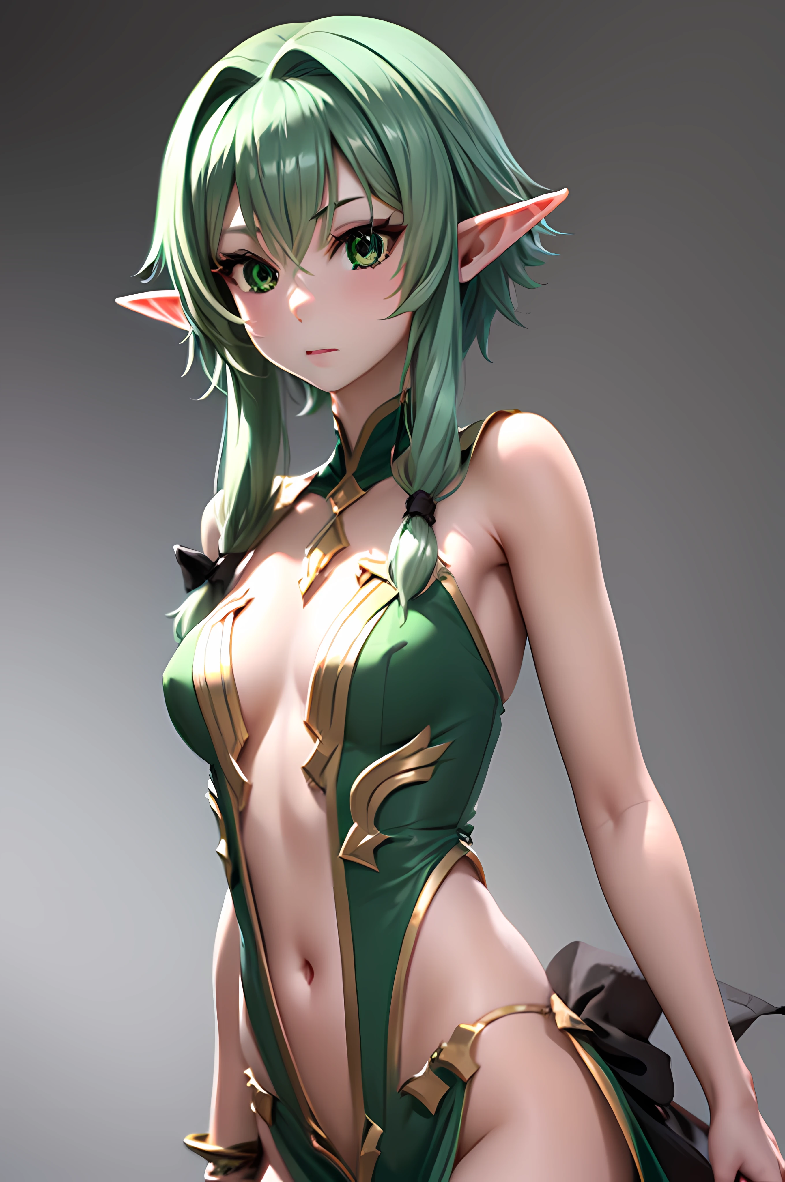 Female Elf Waist Shot, Convoluted, Slender face, Elegant, Wearing a sapphire necklace, White light dress with strap, Facing Camera, Highly detailed, Digital Painting, art  stations, Concept art, Smooth, Sharp Focus, Illustration, art by artgerm and greg rutkowski and alphonse mucha, 8K, Volumetric fog, bloom, llight rays, lumen, Crank bokeh,high elf archer, elf, (green eyes:1.5), green hair, hair between eyes, long hair, pointy ears, sidelocks,phcrystal