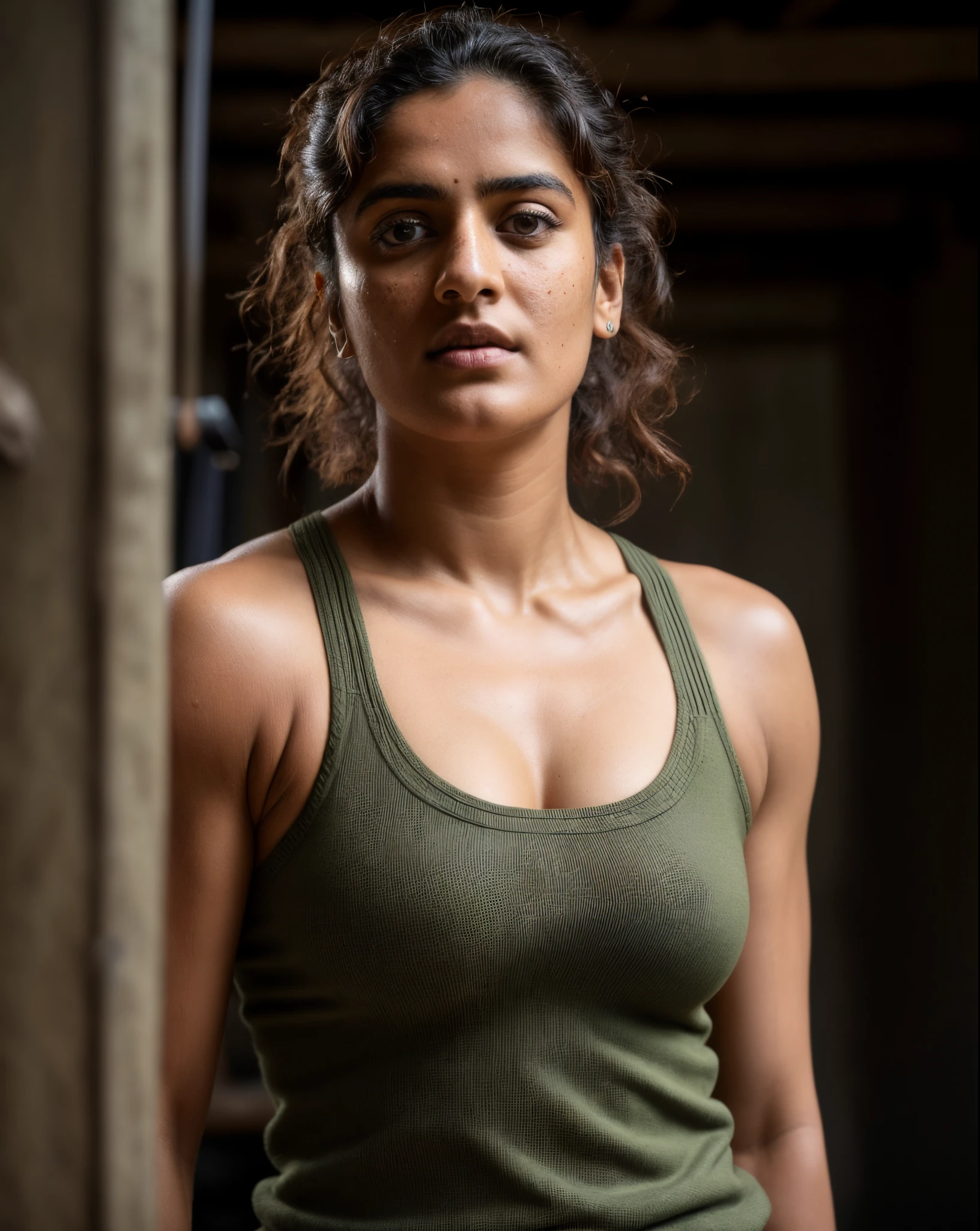 Face of PV Sindhu and Tapsee Pannu, perfect thick dusky Beauty, dynamic lighting, wearing olive green Knit Cami top, She is the combination of Beauty and power, detailed hairy armpits, super hot cop, mascular Woman doing exercise, movie stills, cinematic portrait, cinematic Lightning, Highest quality, (dramatic lighting:0.7), masterpiece, high angle shot, perky breast, big tight breast, RAW photo of (pale 45 year old military Special Force woman with short styled hair, mascular woman with heavy physique, looking up at the viewer), cute, Extremely sweat, (wearing sleeveless
square neck vest, thin cotton ), doing free hand excercise in a military camp in jungle, portrait, perfect face, beautiful eyes, vivid detail, (highly detailed skin), freckles, sfw, (blue tint:0.6), (dirty:0.8), (bloody:0.7), key lighting, (backlighting:0.5), medium depth of field, photographed on a Canon 5D, 50mm lens, F/4 aperture, (hyperdetailed, intricate details), sharp focus, muted colors, 8k, absurdres, 8mm film grain, war photography, perfect eyes, detailed eyes, sharp focus,