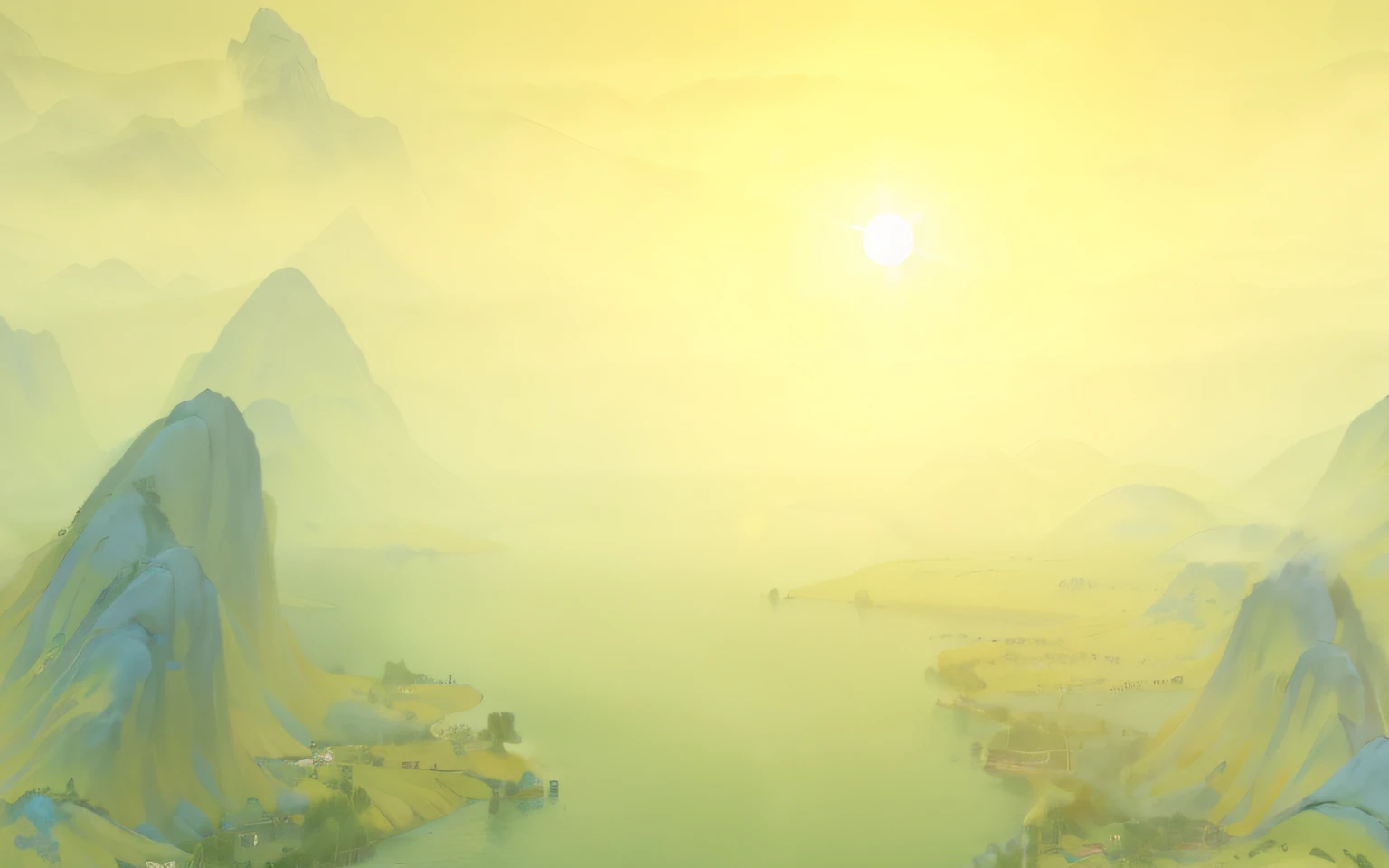 There is a landscape painting,There is a river, 《Kola Legend》Set, distant village background, Sky with yellow-green smoke, golden hour background, Ethereal stills, epic landscapes, Ethereal landscape, Dawn background, Hazy sunlight and mystery, background artwork, Sunrise at Solarpunk City, Tranquil and vast scenery, yellow volumetric fog