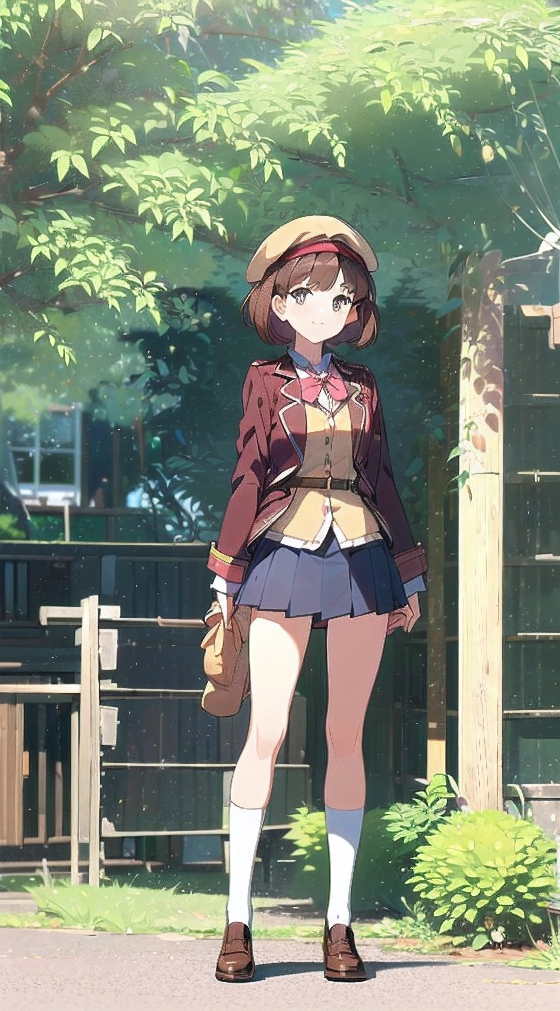 ((Masterpiece), (Best Quality)), ((((solo)))), (((full body display))),(((standing pose))),(((looking at viewer))) ,Brown hair, (((short cut hair))), pink ribbon, (((beret))), (((high ))), beautiful girl, odd eyes, happy, smile, dynamic angle,(((modern clothes)))