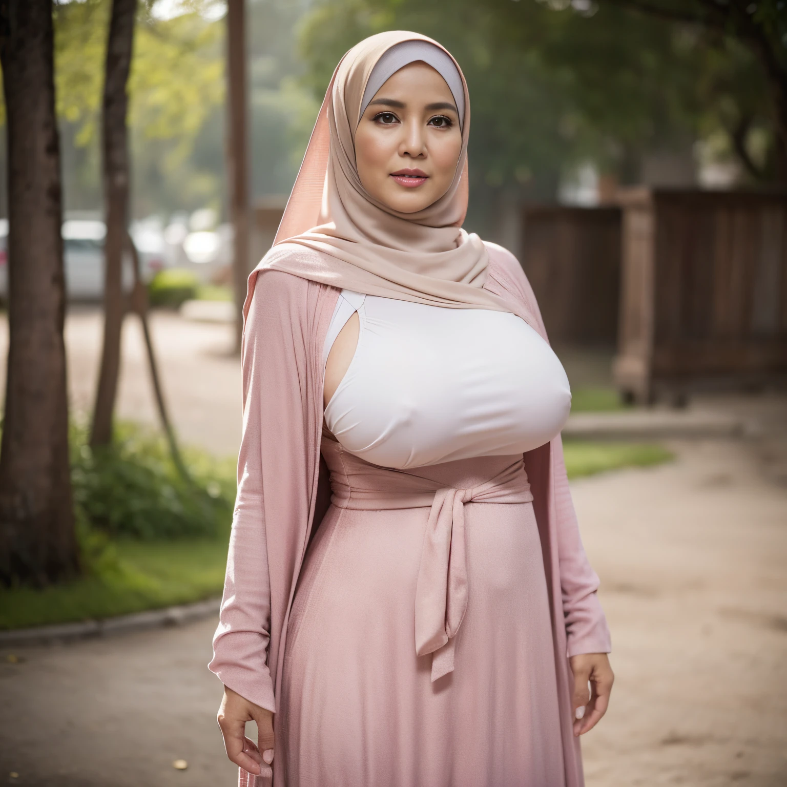 58-Years-Old,Female Teacher, Indonesian hijab Mature Woman, Wearing Tight Gamis, Realistic Ultra Gigantic Longest Saggies Mature Breast : 18.9, Breast About to Burst out, PP cup Breast, Seductive Look, full body shot, depth of field, best quality photo, 2048 p, 32K HDR
