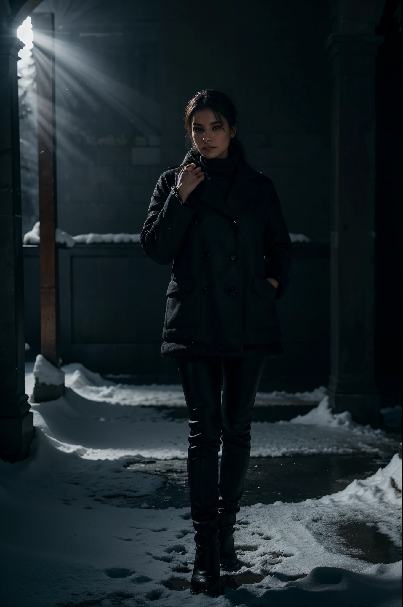 1woman, wearing wearing winter high end fashion, hand in pocket, face is the main focus, masterpiece, dramatic light, deep shadow, highlight top quality, a dark background, masterpiece, (3/4 frame), (full body shot), high res, 8k, raw photo, snowing,