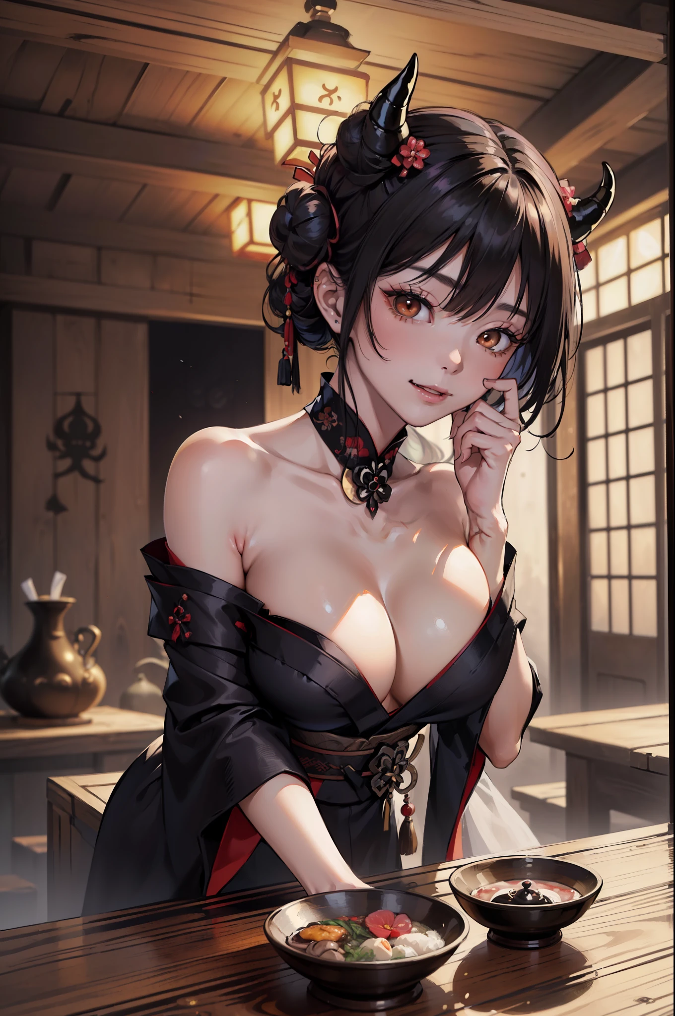 (masterpiece, best quality:1.2), (1milf, solo), 30years old, upper body, (black kimono, undressing , bare huge breasts, bare shoulder, gleaming skin), (black hair, single bun), (white demon horns:1.1), brown eyes, (evil smile:1.1), mask on hand, Japanese old style restaurant, wooden table