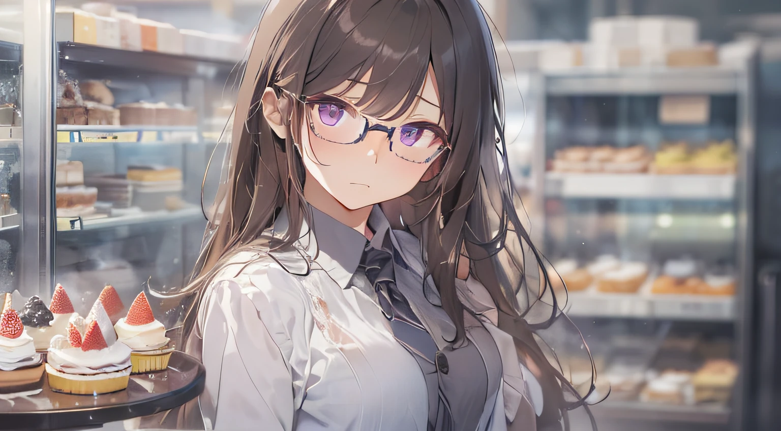 masterpiece、top-quality、(brown colored long hair:1.1)、25 year old woman with purple eyes、wears glasses、Wearing a gray suit、white shirt、(flat breast:1.1)、(sad and dark look:1.3)、(Staring:1.5)、(Close-up of the subject's face:1.3)、The background is a cake shop、Bold composition、Upper body is shown、Alone、