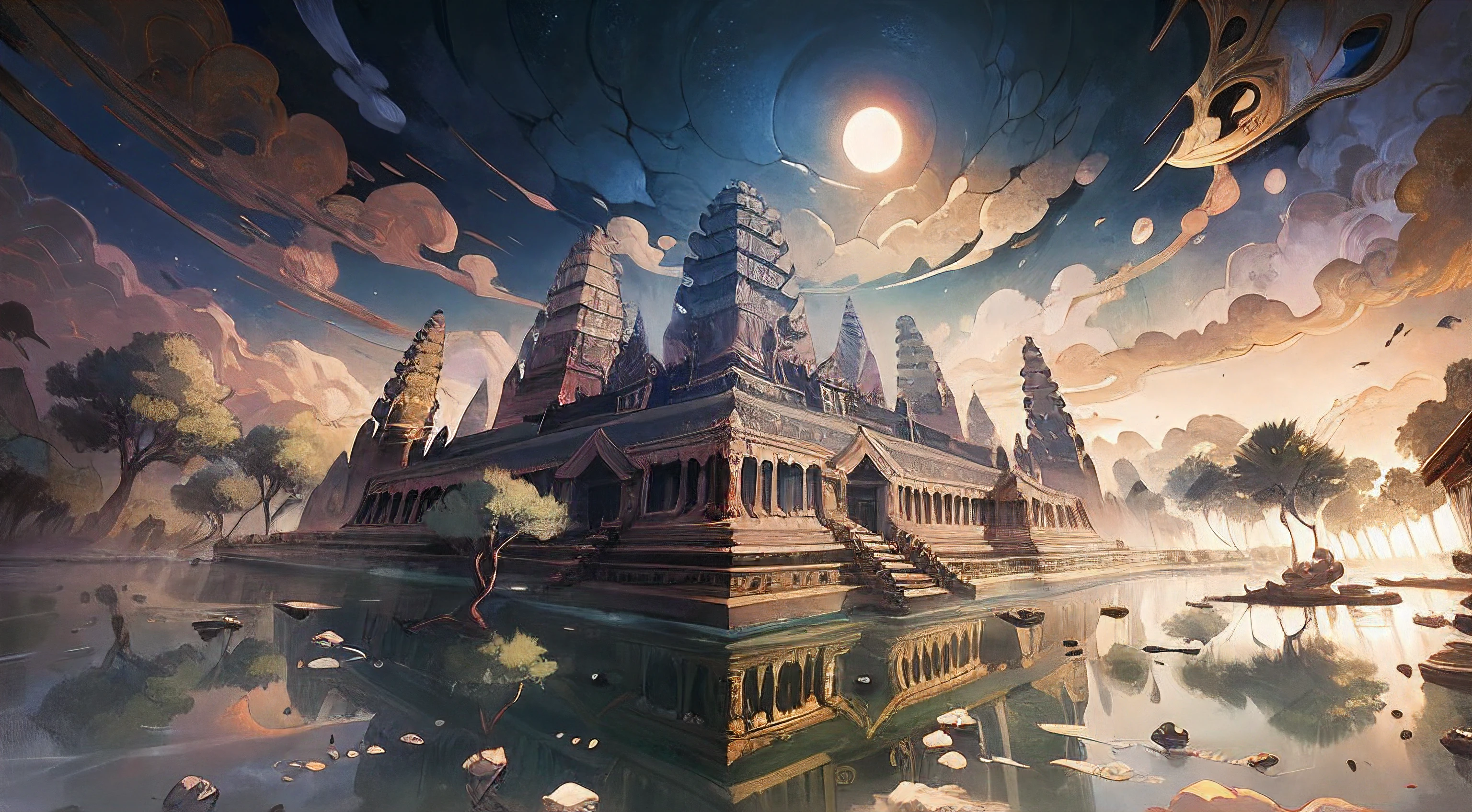 ancient Khmer, Oc Eo civilization, Terracotta tower, river, auspicious clouds, pavilions, sunlight, masterpiece, super detail, epic composition, ultra hd, high quality, extremely detailed, official art, unified 8k wallpaper, super detail, 32k --auto --s2