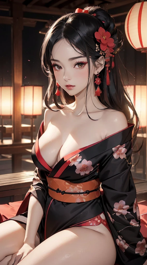 (((8k wallpaper of extremely detailed CG unit, ​masterpiece, 超A high resolution:1.2, top-quality:1.2, masutepiece))), ((extremely beautiful lady, extra detailed face, Highly detailed black eyes, extra detailed body, Top quality real texture skins, silber hair, de pele branca, Small:1.3, Sexy black and red kimono:1.2, off shoulders, Light pink eyeshadow, Sitting with legs spread)), ((Exposed cleavage, exposed shoulder, Exposed belly, Exposed legs)), (paper lanterns, Plum Blossom, Plum blossoms, natta:1.2, A Japanese style), hyper realisitic, digitial painting,