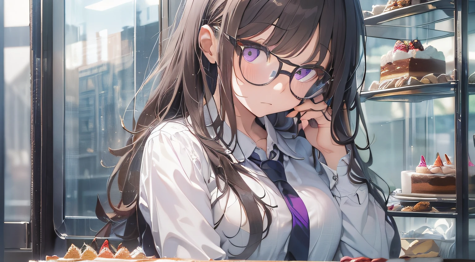 ​masterpiece、top-quality、(brown colored long hair:1.1)、25 year old woman with purple eyes、wears glasses、Wearing a gray suit、white  shirt、(flat breast:1.1)、(sad and dark look:1.3)、(Staring:1.5)、(Close-up of the subject's face:1.3)、bowing、The background is a cake shop、Bold composition、Upper body is shown、Alone、