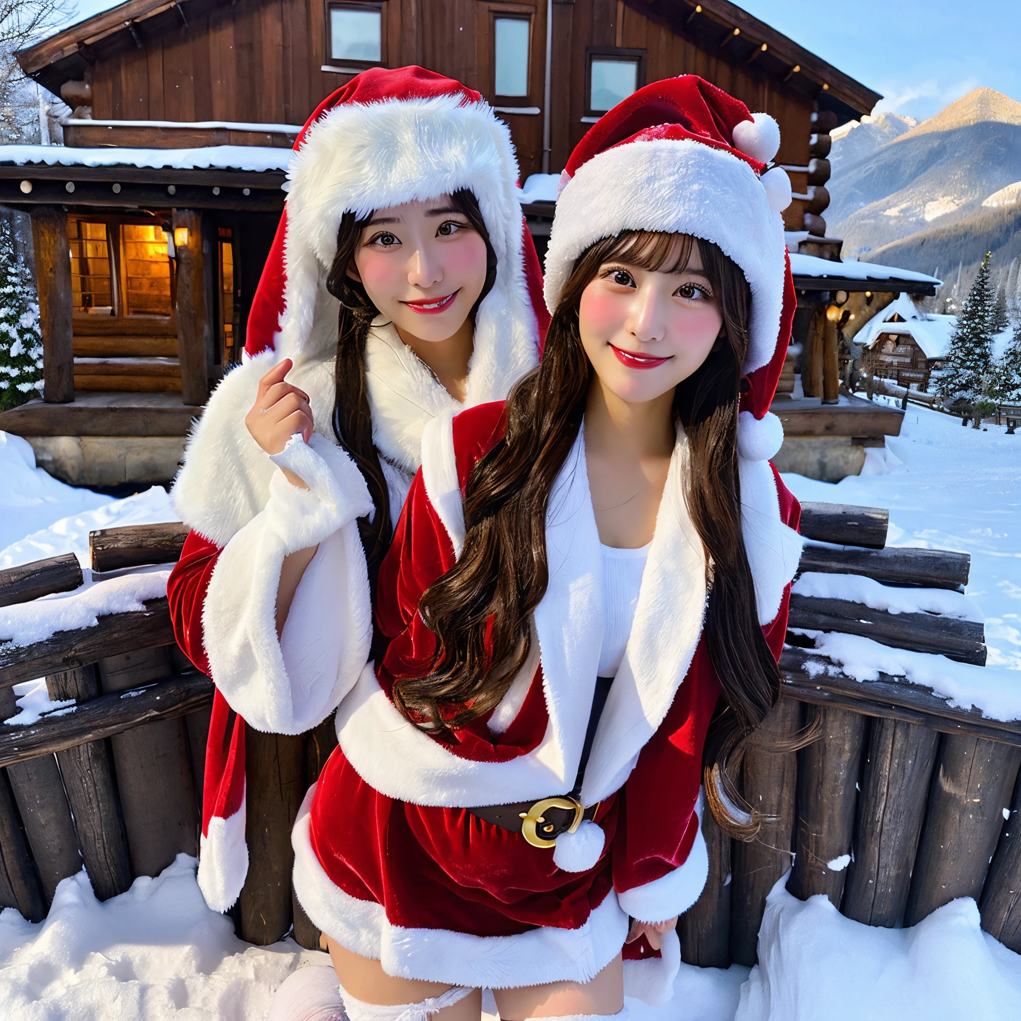Beautuful Women、high-level image quality、snow mountains、Log Houses、Santa Claus Costume、Santa Claus Cosplay、a miniskirt、Colossal tits