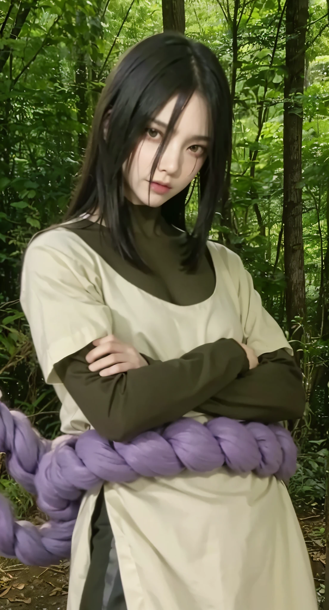Real life adaption of this character ,The scary ghost face, realistic same hair , (realistic same outfit), realistic background , realistic light, realistic shadow, realism, hyper realistic,(photorealistic:1.2), normal small eyes, white pale skintone,there is big rope purple color on his waist