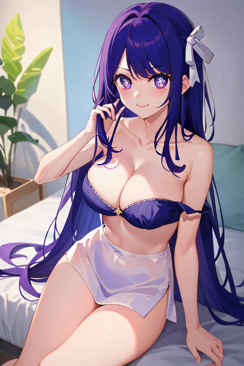 ​masterpiece、ighly detailed、(1 girl in:1.2)、purple color  hair、virgin killer strapless  open shoulder strapless sexy bra、big eye、、Naughty smile、8K 、Ai Hoshino、Star、very sexy big breast、