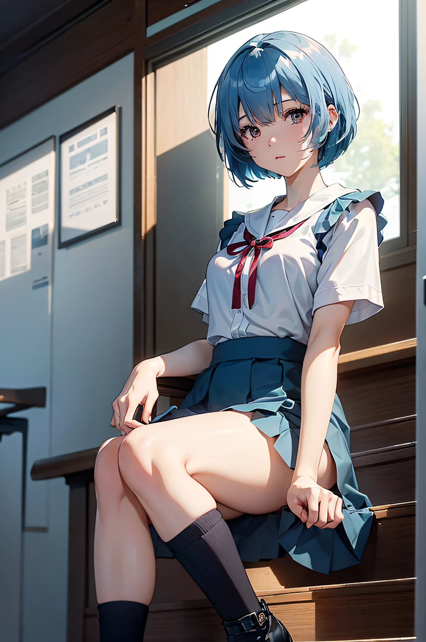 sit on stairs、(open the thighs slightly)、(Sheer panties)、((Skirt lifts up)),Raw photography、top-quality、​masterpiece、in 8K、realisitic、Raw photo、top-quality、japanes、(1girl in)、beauitful face、(light blue hair、Bob Hair Hair:1.3)、Beautiful hairstyle、realisticeyes、Beautiful Detail Eye、Beautiful skin、enticing、超A high resolution、A hyper-realistic、high-detail、the golden ratio、(详细的脸:1.4)、high-school uniform、