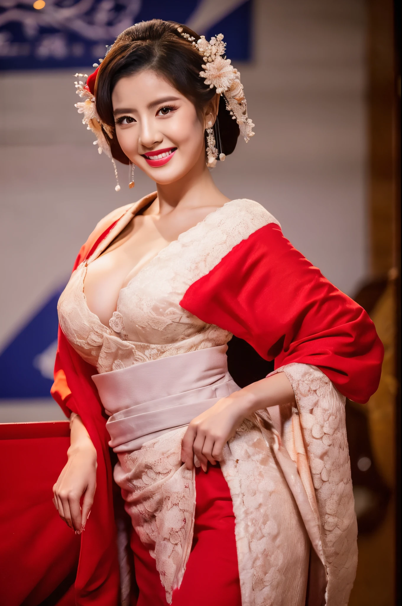 (masterpiece、top-quality、Official Art)、(Photoreal Stick:1.2)、foco nítido、high détails、8K、
(1 girl in)、kindly smile、Cowboy Shot、Courtesan of the red-light district、oiran、Flower Hairstyle、美丽的面容、A detailed face、perfectly proportions、爆乳、Drop-shaped chest、big breasts thin waist、Navel、big butts、Crotch gap、thick thight、(shinny skin)、
(Expensive red kimono with intricate designs)、(semi transparent), (Lace knitting)、(many colors:0.8)、(comb、hairpin、:0.9)、(Dynamic poses)、(Sexy angles)、 (The background is a night playground)、The depth of field is shallow、Near and far law、