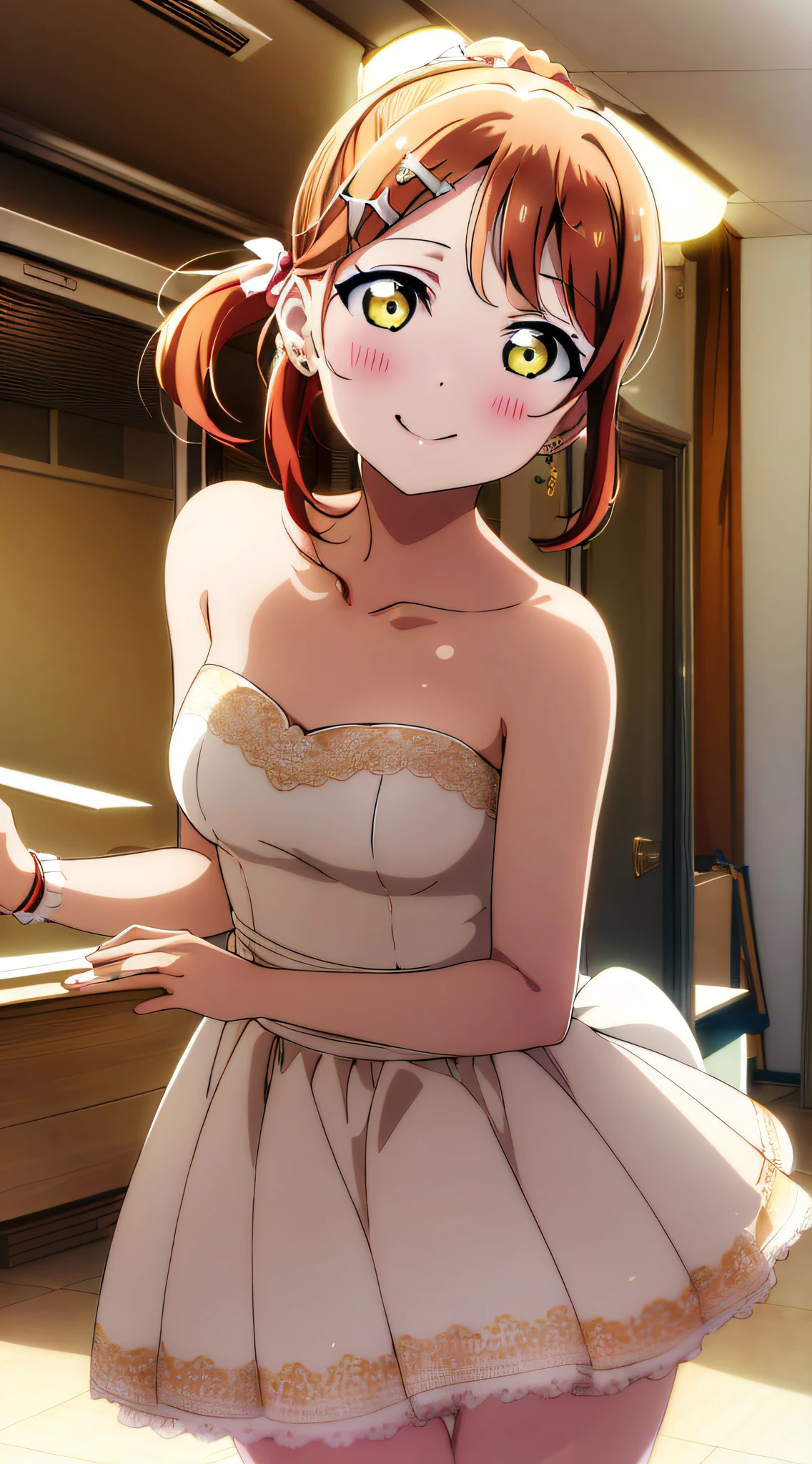 (best quality), (HD),high quality, best quality, masterpiece, ayumu uehara, 1girl, Anime-style color grading, bushiroad studio coloring style, yellow eyes, medium hair, ((pony tail hair)), wedding dress, little smiling face