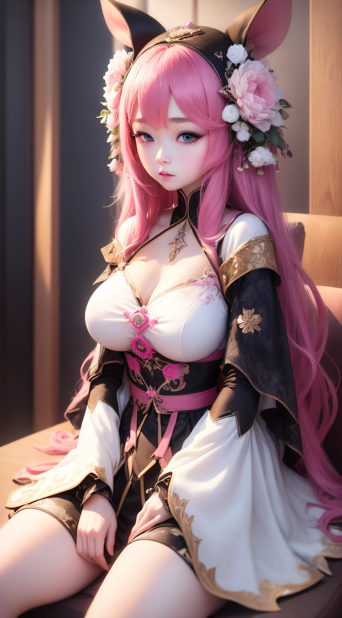 tmasterpiece, Best quality at best,Lax-BK, 1个Giant Breast Girl, Alone, long whitr hair, with pink hair, Very long hair, eBlue eyes, hair adornments, Japanese clothes, separated sleeves