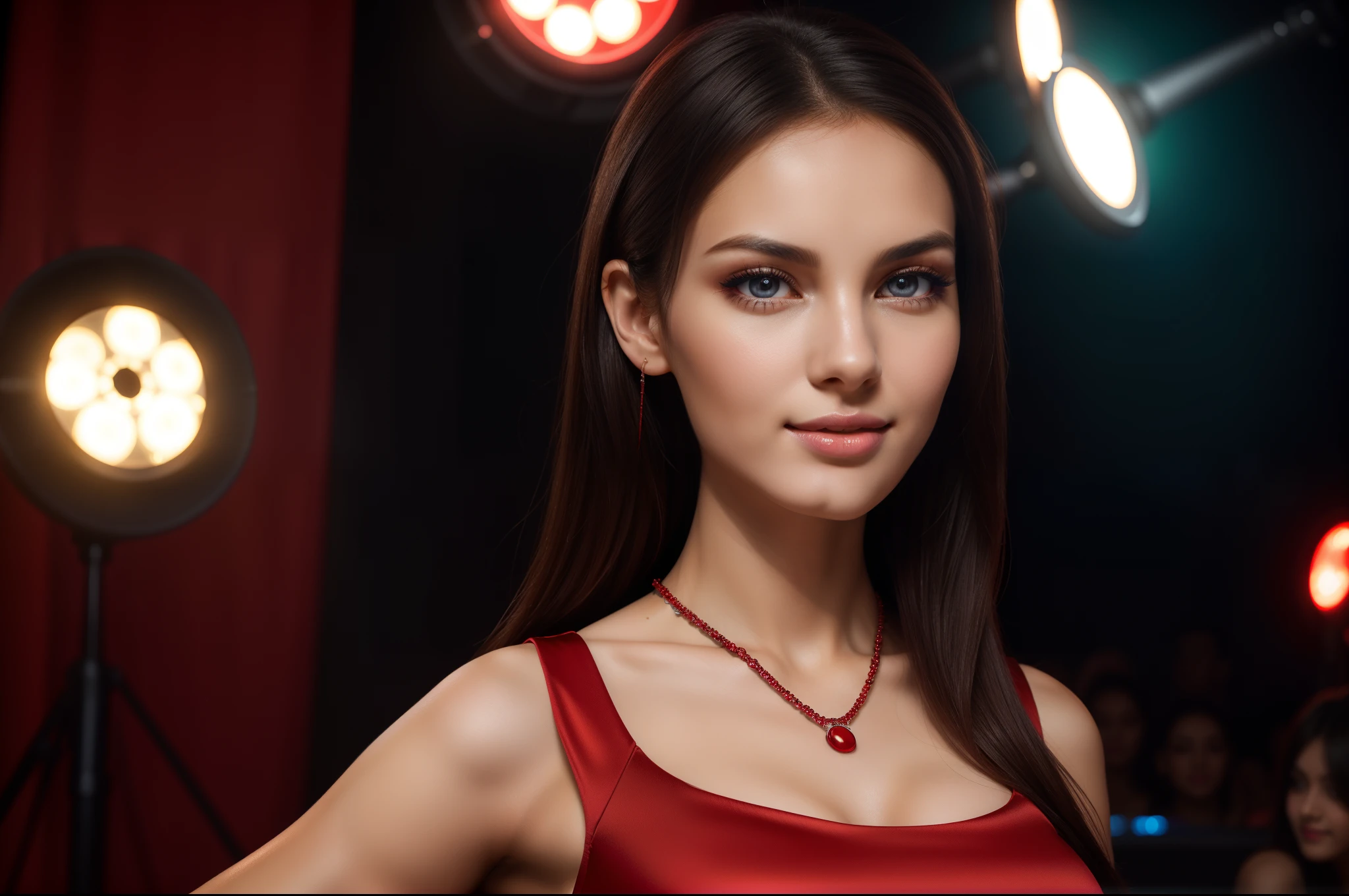 ((full-body, cinematic-shot)),(best quality,4k,8k,highres,masterpiece:1.2),ultra-detailed,(realistic,photorealistic,photo-realistic:1.37),(((1girl:1.4))),(((solo:1.4))),(((a girl alone:1.4))),(18-year-old),[the face is combination of (((irene1:1.2))) and (((Excella_er5:1.2)))],(sharp focus:1.5),pearl skin,(skin pores:1.1),extremely detailed face and skin texture,(skin texture:1.1),black hair,tall and slender body,(192cm tall),thin and delicate figure,graceful posture,flawless skin,defined abs,perfect curves,feminine appearance,beautiful long legs,embodying elegance and beauty,(cleavage breasts,large breasts:1.2),((wearing a (red:1.4) ultra-short minidress:1.4)),queen crown,vibrant colors,extremely detailed and realistic (red) clothes,(film grain:1.3),(3D abstract dark background:1.4),joyful expression,modern atmosphere,angelic ethereal beauty,studio photography,professional photography.