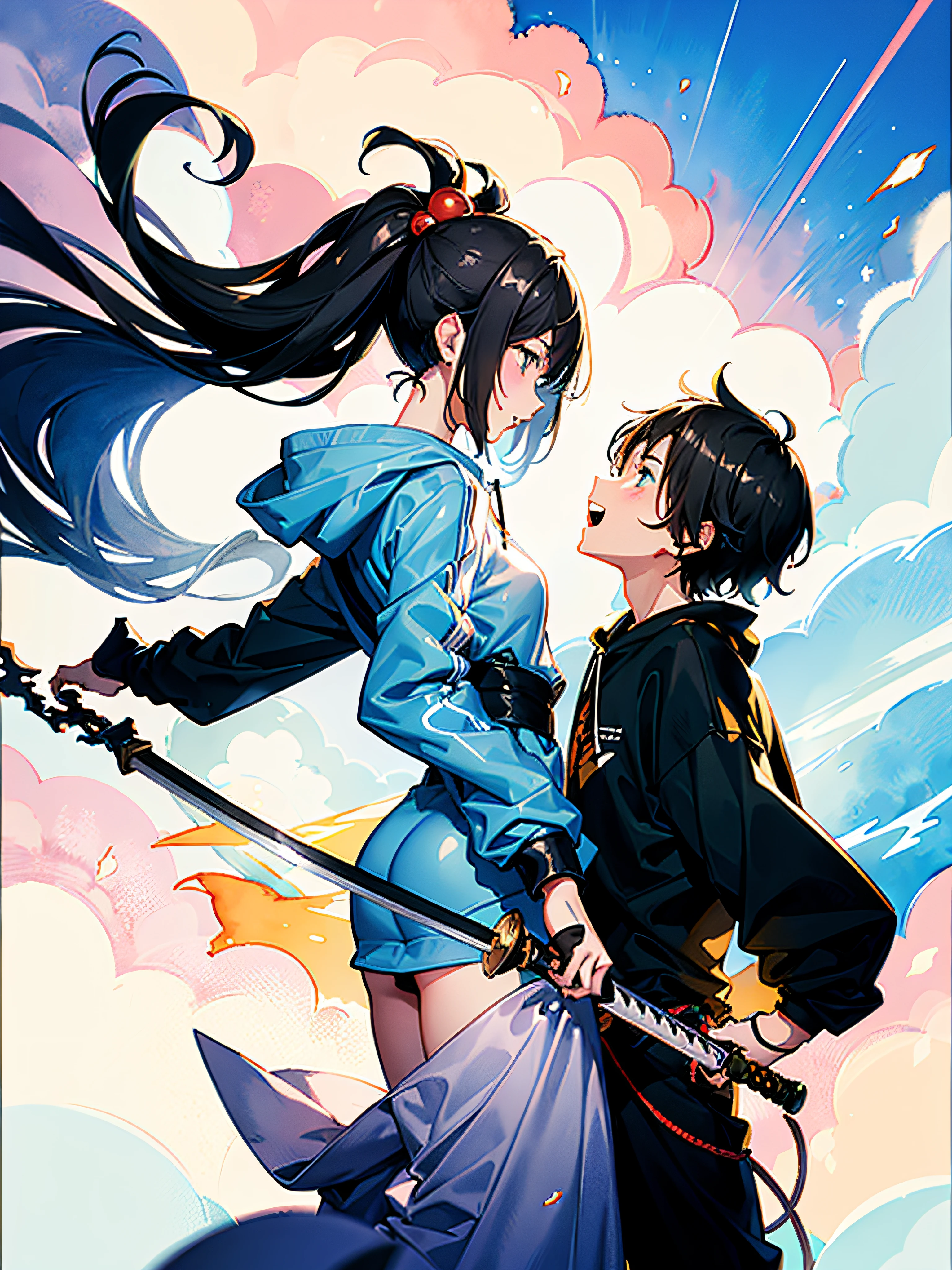(watercolor paiting:1.1), ((masutepiece)), one girls, One Boy, Men and women back to back, Black hoodie, futuristic background, Two people laughing, fight, glowing sword in hand, Soaring effect, thunder efect, Ultra-delicate, Very delicate, ​masterpiece, delicate detail, Sense of speed, Fantastical