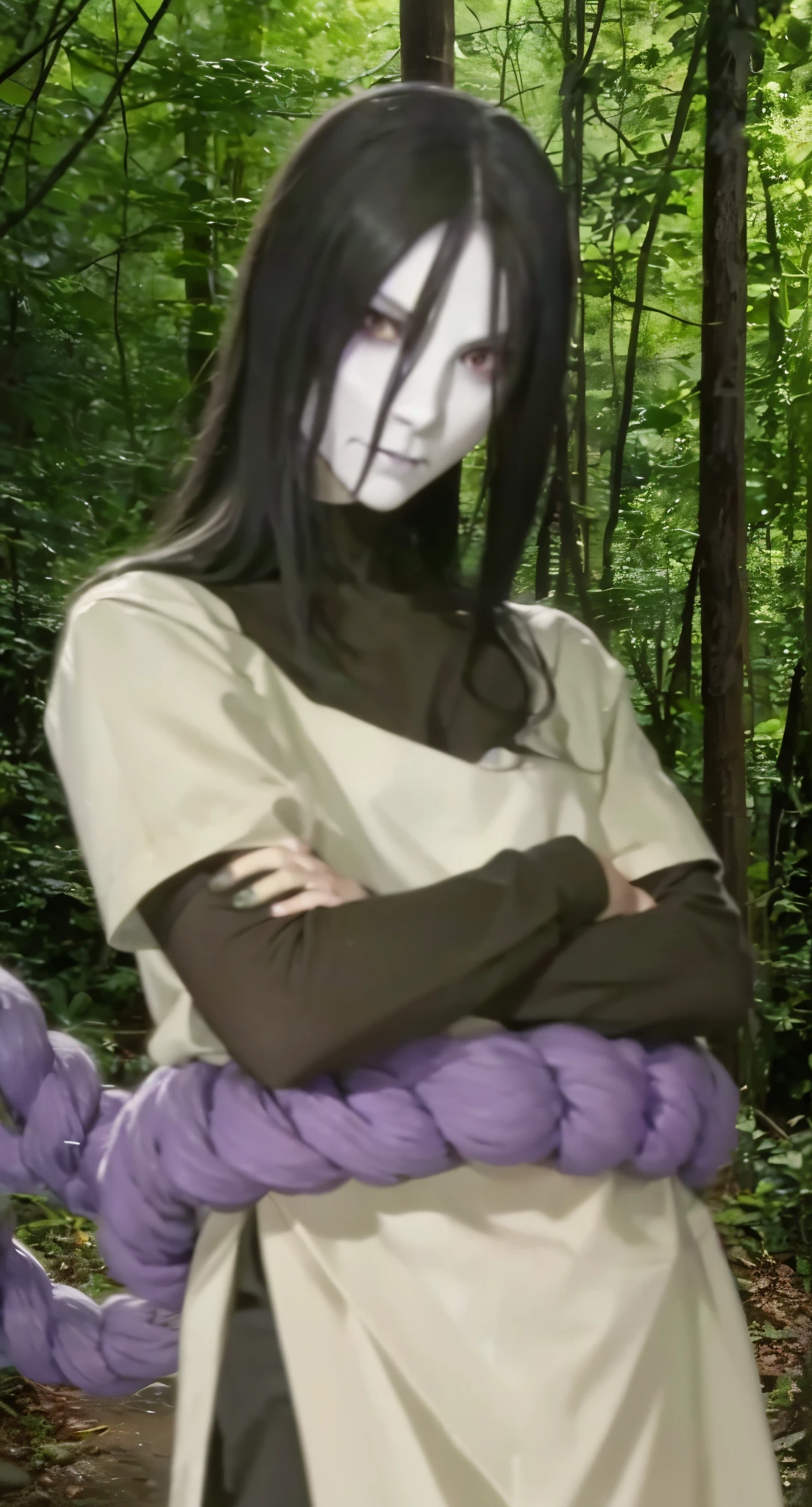 Real life adaption of this character ,The scary ghost face, realistic same hair , (realistic same outfit), realistic background , realistic light, realistic shadow, realism, hyper realistic,(photorealistic:1.2), normal small eyes, white pale skintone,there is big rope purple color on his waist