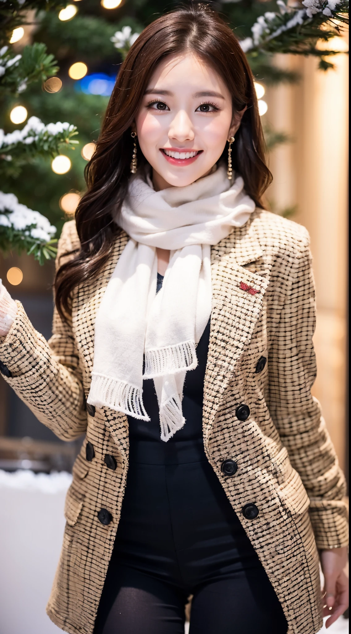 The image has、This photo is、This photo is、Shows a young woman with a happy expression in front of a snowy Christmas tree at night。。.. she is standing in front of a warm background, Shining lights that create a bokeh effect. Woman wears dress with lace detail and structured blazer, and she has a white scarf. Her attire suggests a formal or semi-formal event. The light and expression create a festival and celebratory atmosphere...., probably during the evening. her earrings add elegance to her outfit, The overall atmosphere is bright and fun..