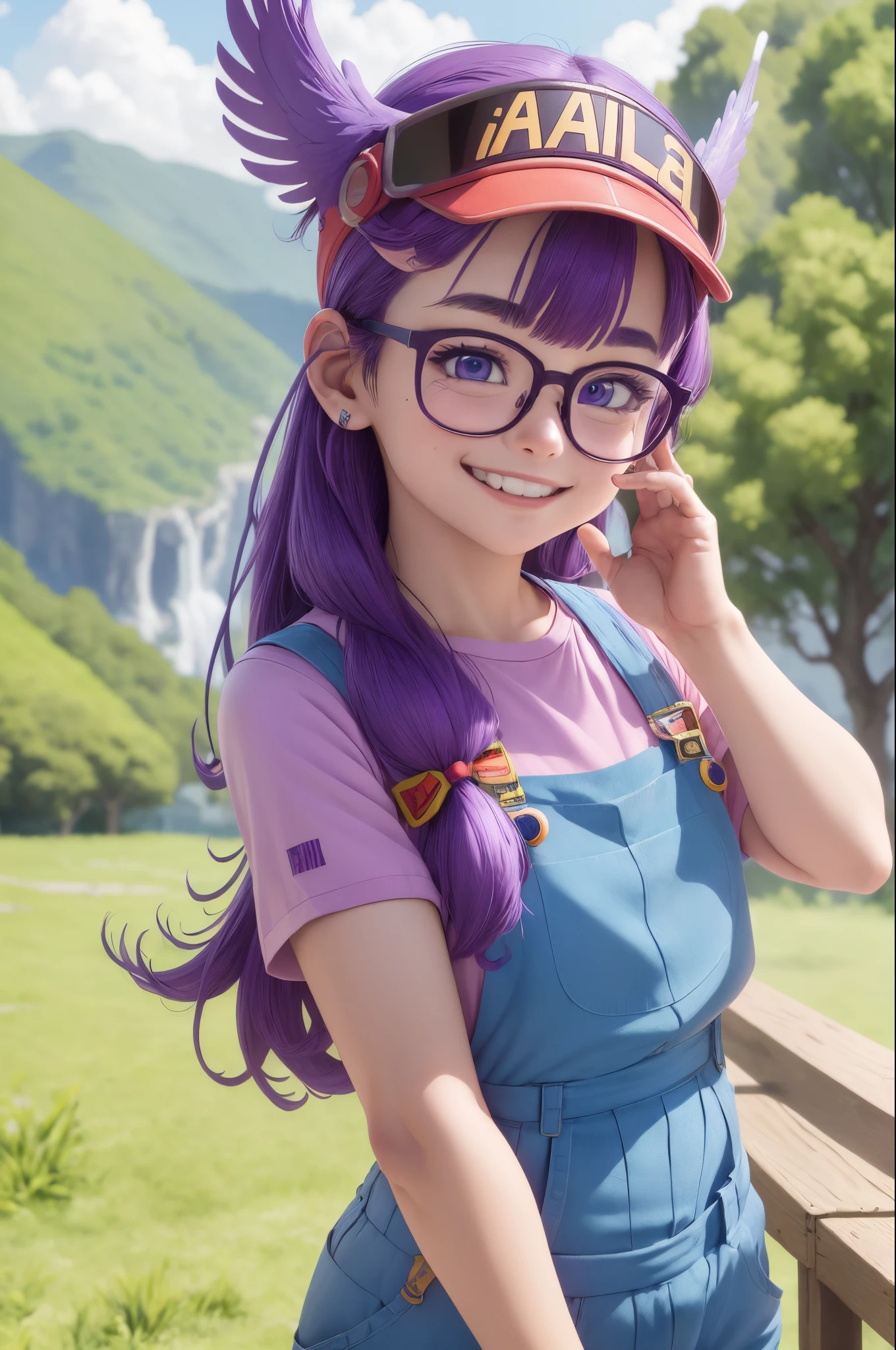 (masterpiece, best quality;1.3), ultra detailed, 1girl, solo, arale, glasses, blue eyes, long hair,purple hair, short sleeves, wing hat, wing cap, red shirt, blue overalls, smile,
rural village background