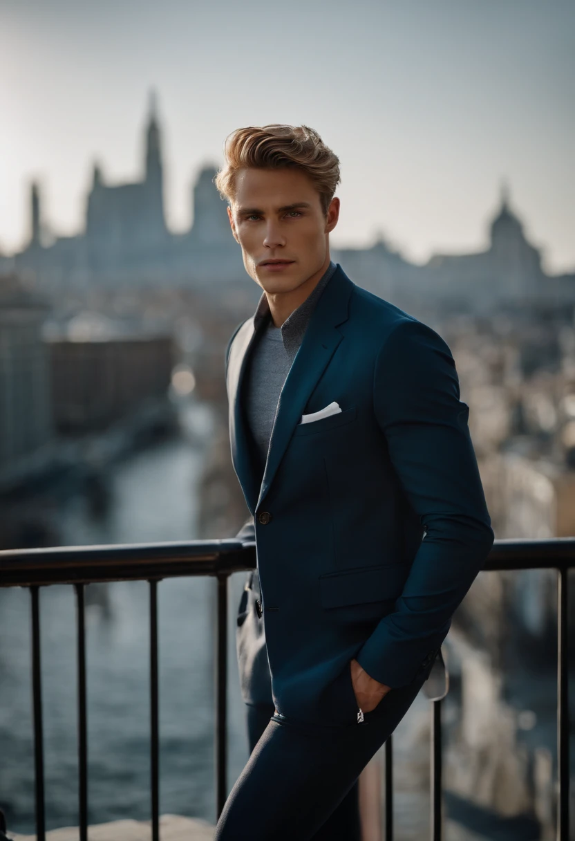 A photo of Nicholas standing on a rooftop at dawn, gazing out at the cityscape below.,original,Nicholas looks like the actor and celebrity Tom Glynn-Carney.

Gender: Male

Physical Attributes:
Nicholas possesses a well-maintained physique, distinguished by a toned and slim build, which accentuates his graceful presence. His skin carries a light tan, imbuing him with a healthy, sun-kissed glow that hints at an active lifestyle. His eyes, a piercing shade of blue, draw attention with their depth and clarity.

Hair:
Nicholas sports short, neatly groomed dirty blonde hair, which not only complements his appearance but also underscores his commitment to a polished and sophisticated look.

Apparel:
Nicholas is characterized by a tasteful and understated sense of fashion. He favors a plain crewneck shirt, reflecting his appreciation for simplicity and practicality. These versatile shirts convey an air of effortlessness and serve as a canvas for his inner complexities.

Complementing his shirt, he chooses straight-leg jeans that strike a harmonious balance between comfort and style. These jeans underscore his practicality, ensuring he's well-prepared for the rigors of everyday life.

To shield against the elements, Nicholas dons a warm and elegant coat, reinforcing his dedication to a refined and polished image. The coat not only offers protection but also projects a hint of sophistication that aligns with his enigmatic persona.

Completing his ensemble, Nicholas opts for semi-formal shoes. These choices combine style and comfort, allowing him to navigate seamlessly between casual and more formal settings. This footwear underscores his adaptability, an attribute that resonates with his multifaceted personality.

In addition to his attire, it's important to note that Nicholas's fashion choices go beyond mere garments; they reflect his personality, which embodies a compelling blend of charm, intelligence, and darkness.