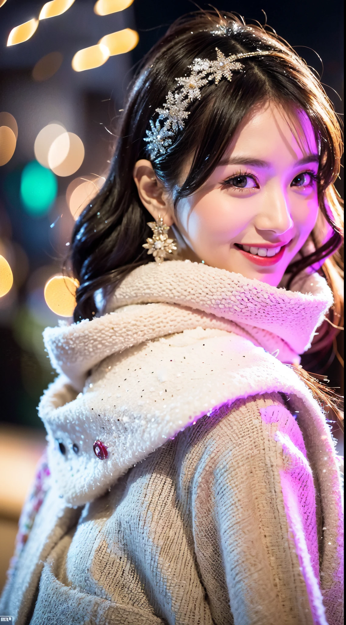 The image has、This photo is、This photo is、Shows a young woman with a happy expression in front of a snowy Christmas tree at night。。.. she is standing in front of a warm background, Shining lights that create a bokeh effect. Woman wears dress with lace detail and structured blazer, and she has a white scarf. Her attire suggests a formal or semi-formal event. The light and expression create a festival and celebratory atmosphere...., probably during the evening. her earrings add elegance to her outfit, The overall atmosphere is bright and fun..