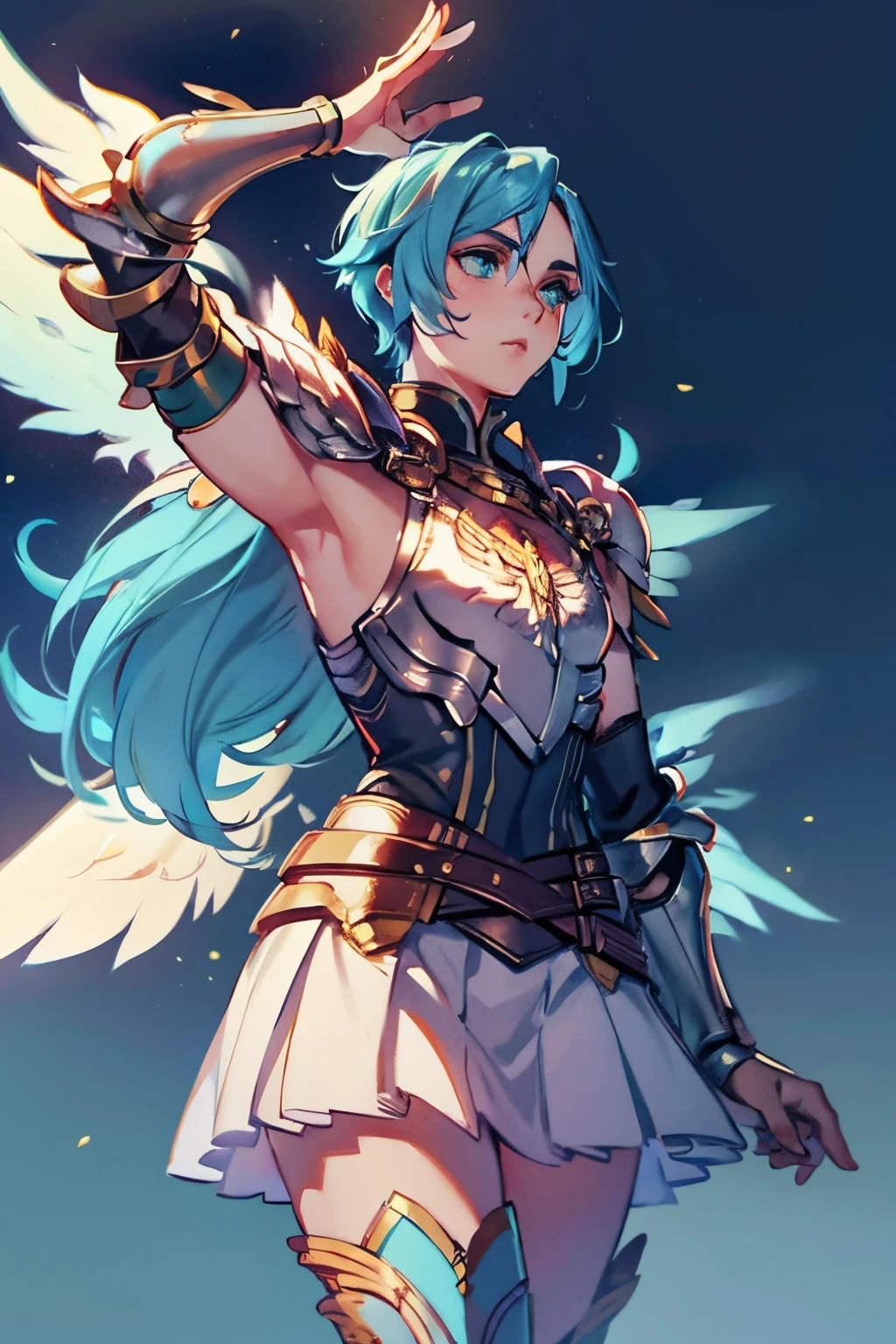 1 boy, Valkyrie, warrior, wielding a sword, wings, fire magic, wearing armor, flat chest, (androgynous 1.5), wielding a shield, blue hair, green eyes, brown wings