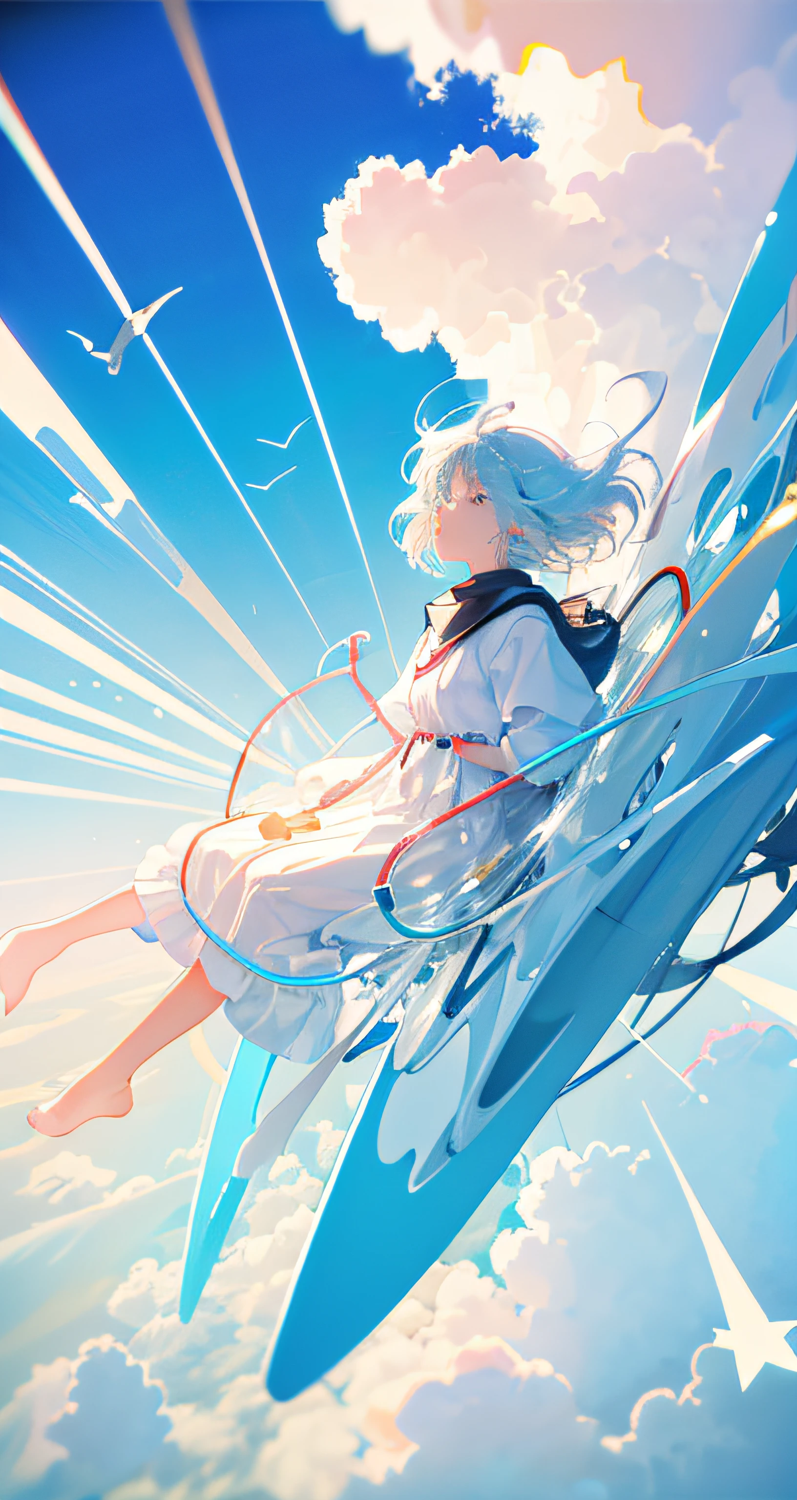 masterpiece, best quality, movie still, 1girl, floating in the sky, cloud girl, cloud, (close-up:1.1), bright, happy, fun, soft lighting, (Bauhaus, shapes, lines, abstract:1.1)