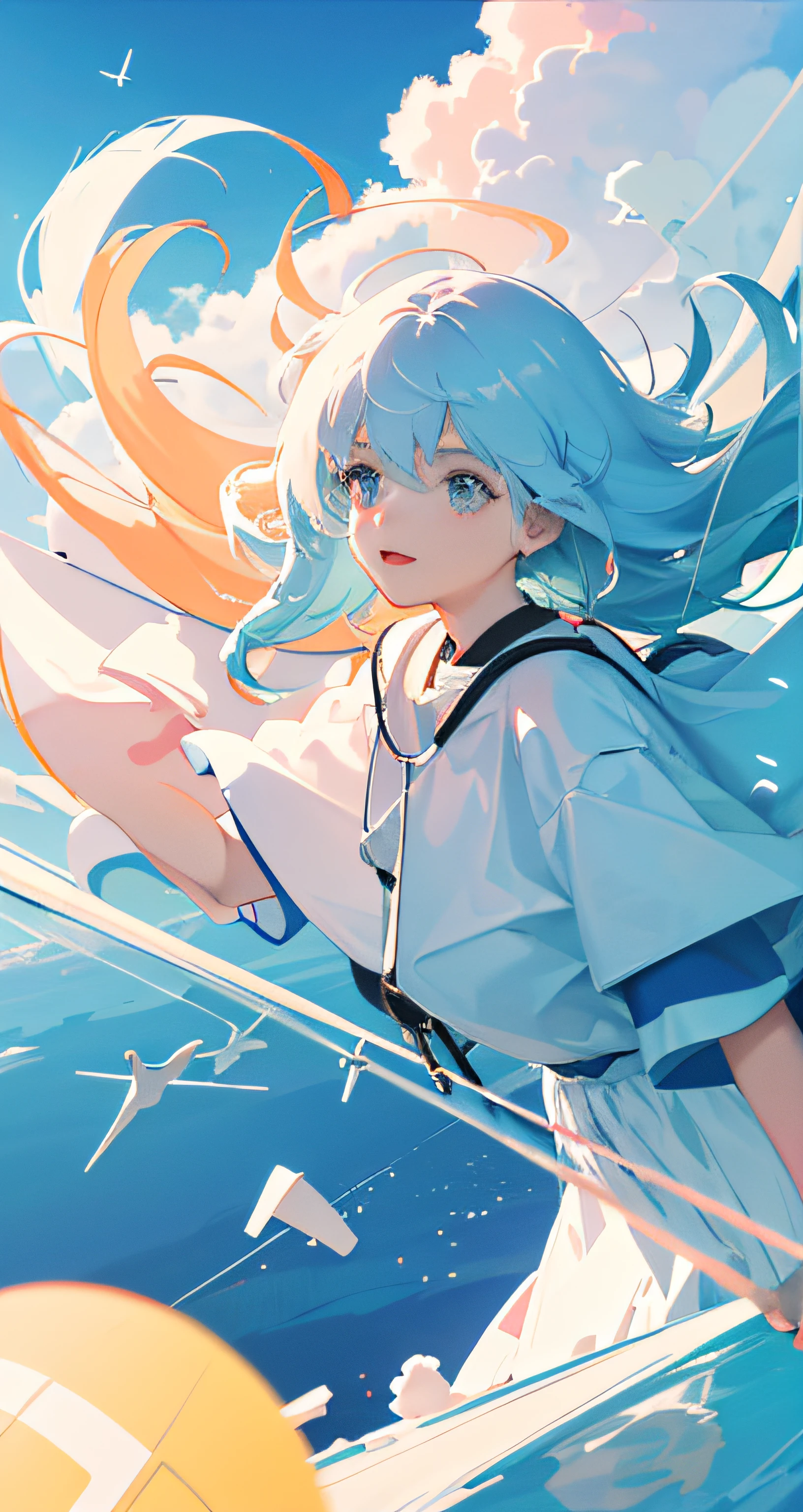 masterpiece, best quality, movie still, 1girl, floating in the sky, cloud girl, cloud, (close-up:1.1), bright, happy, fun, soft lighting, (Bauhaus, shapes, lines, abstract:1.1)