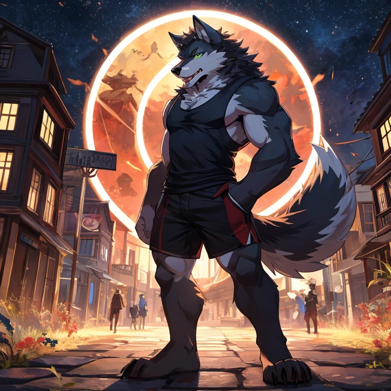 Furry shaggy lean werewolf male wearing a tank top and short shorts, furry art, lean werewolf, high resolution committee, full body committee, delicate eyes, pupil color is green, high resolution committee, full body committee, furry color black, furry anime, fluffy art council, furry fleurna, gorgeous wolf flsona, furry, one-handed waist, furry art, expression flirty, tsundere, solo person，shaggy male，hairy bodies，shoun，werewolf，canine，black fur，long dark hair, The ends of the hair are glowing purple，green eye，adolable，seductive, Handsome，large tail，full body, tank top, seductive, 1boy, a long fluffy furry wolf tail with fangs in the mouth, staring at the screen sharp claws, two legs, standing on both feet, the human wolf,