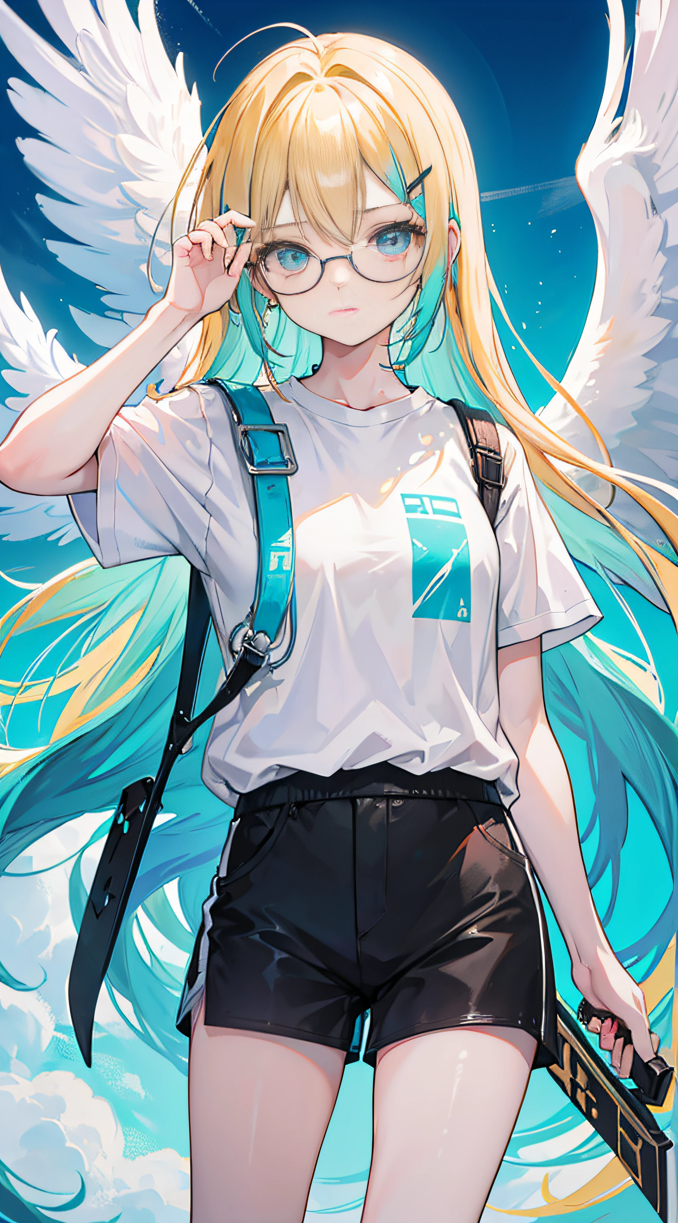 18 year old woman with golden hair, Turquoise eyes, Long hair, Left blade, eye glasses. Wearing a white shirt, Black shorts and white wings on the back.