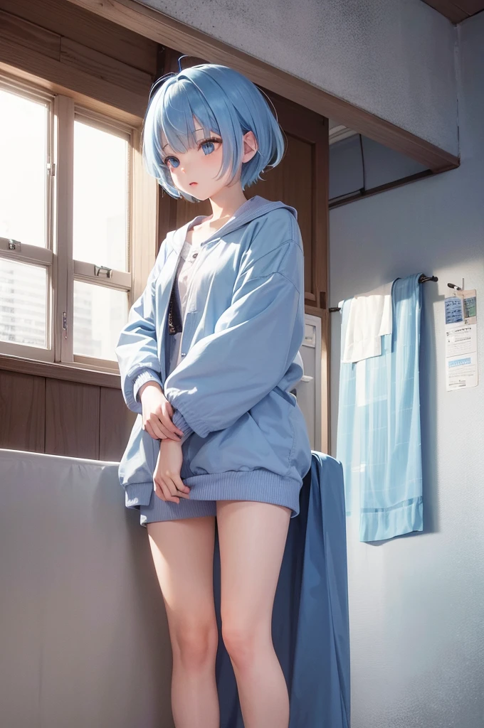 Light blue short hair, white hoodie, naked