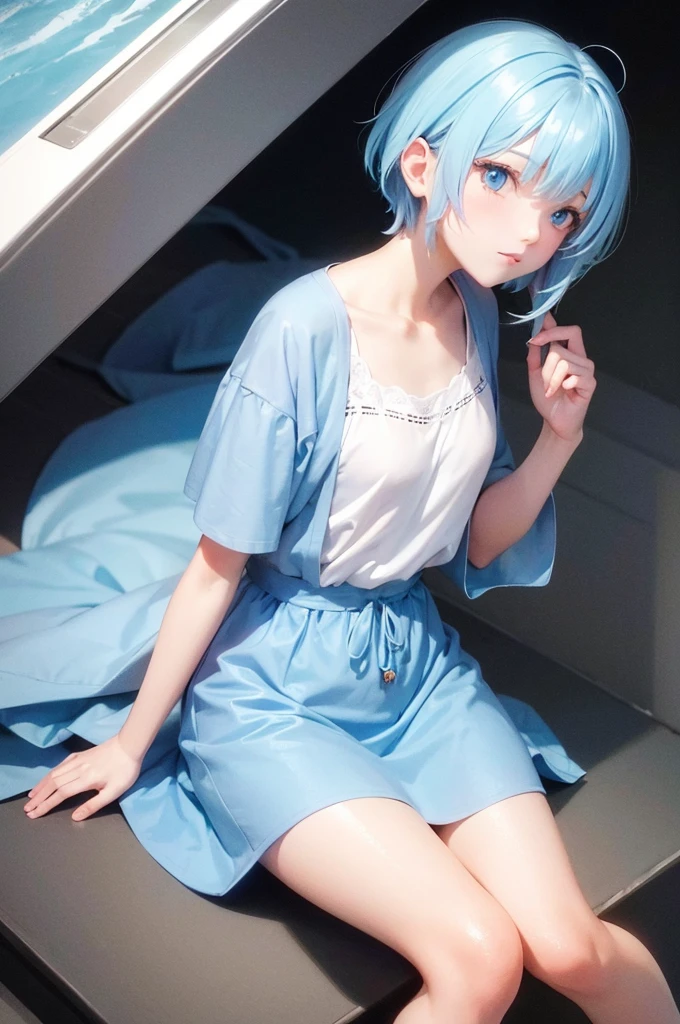 Re:Zero's Rem、light blue hair、short hair、table top、High resolution、many girls multiple girls、large crowd、lots of cute girls、big and full breasts、naughty body、See-through、throw、、whole body、Are standing、Look up at me、confused face、blush、embarrassing、Excited、white breath、black pantyhose、female shape'Private parts are clearly visible、I can see your nipples、white skirt、micro mini skirt、very short skirt、hospital、hospital room、Many people々々々々、in the crowd、bare chest、show your chest、Upper grade、A lot of milk comes out from the nipples、Breast milk gushes from the nipple、white nurse uniform、cat ears nurse uniform、white one-piece nurse uniform、Bangs that cover one eye、pink hairpin、sit on bed、white sandals、white pantyhose、open your legs、open thighs、emphasize the chest、chest to chest、night viewが見える部屋、night view