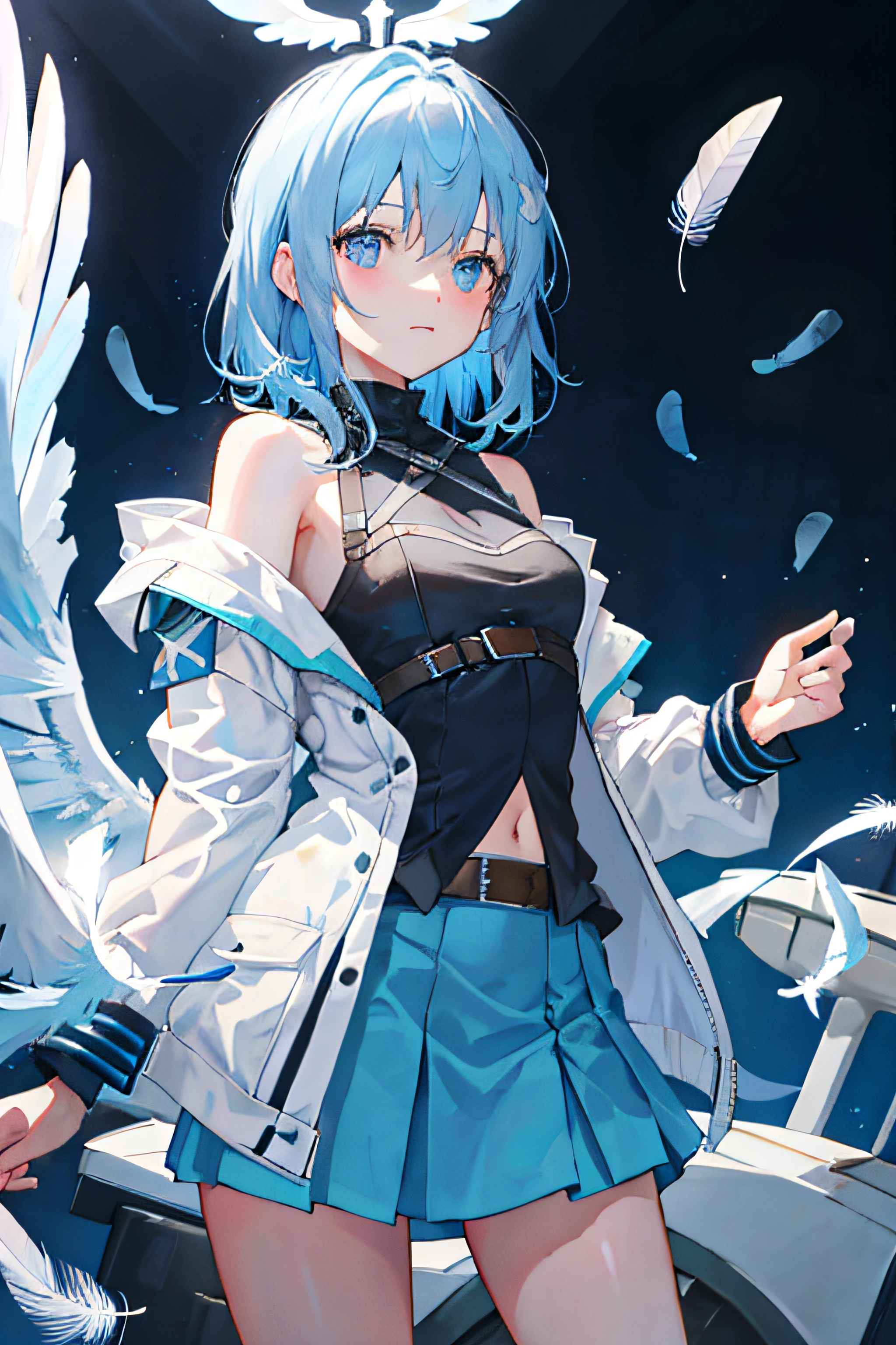 Small breasts, Medium Hair, Light blue hair, Blue eyes, Open jacket, Bare shoulder, wing shape jacket, wing-shaped cloth, Skirt, Cowboy Shot, Feathers