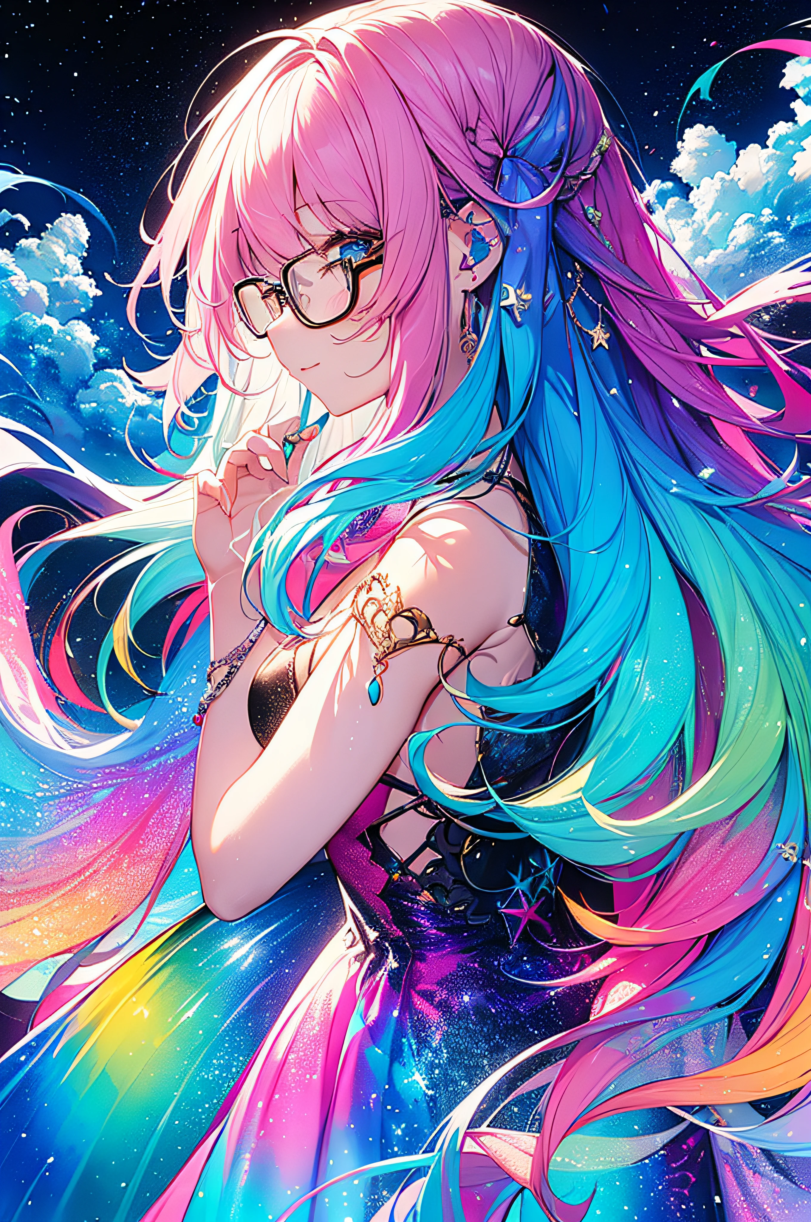 (Masterpiece, Top Quality, Best Quality, Watercolor (Medium), Official Art, Beautiful and Aesthetic: 1.2), (1 Girl: 1.3), (Fractal Art: 1.3), Upper Body, From the Side, Watching the Viewer, Pattern, (Iridescent Hair, Colorful Hair, Half Blue and Half Pink Hair: 1.2), Water, Liquid, Clouds, Colorful, Starry Sky, Stars, Smile, Glasses, Close-up, Heterochromia, (Colorful: 1.5), Light Painting