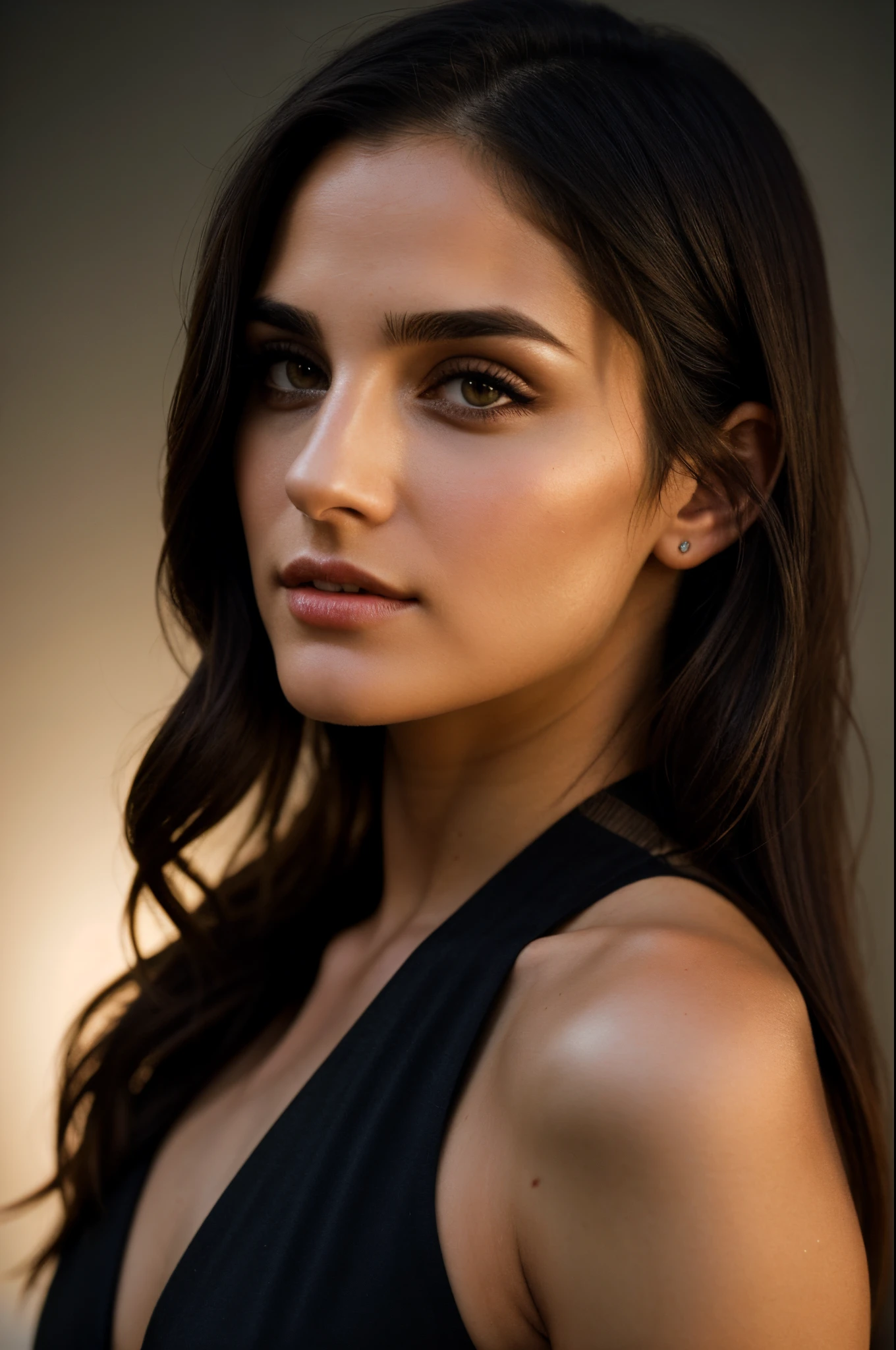 An amazing portrait of a beautiful young brunette woman in dark dress, straight hair, ponytail, great facial feature, perfect eyes, ultra realistic eyes, perfect face, perfect body, cinematic, color analog film photo, realistic hair, ((Perfect Face)), ((Sexy Face)), medium shot of a sexy beautiful girl, Photograph, photorealistic, neutral Pose, ((cute)), (Looking at Viewer), artgerm, cinematic lighting, very high detailed, foggy background, shot on Fujifilm Superia 400, Short Light, 32k, cinematic composition, professional color grading, film grain, atmosphere, wondrous, faded film, desaturated, 35mm photo, grainy, vignette, vintage, Kodachrome, Lomography, stained, highly detailed, found footage , film grain, photography, photoshoot, cinematic lighting, volumetric lighting, insanely detailed, hot, sexy, very seductive, super model, ((sfw)), ((looking at viewer)), ((facing forward)), ((nikki reed)), solo, one person, ((facing Camera)), ((head on)), ((hair out of face)), ((head shot)), ((standing straight)),((neutral pose)), ((pov)), ((mug shot)), ((head shot)), ((full face portrait)), zeiss portrait, leica portrait