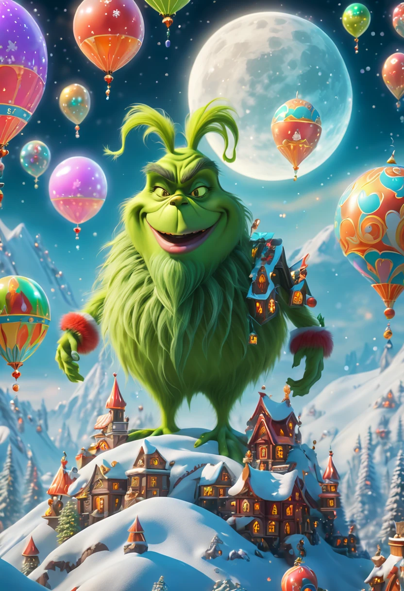 （tarot cards：1.5，rotary symmetrical），(tmasterpiece),（ultra - detailed：1.3），Best quality，（Sparkling:1.2），（christmas world），((The Grinch: 1.2，Evil smiled: 1.2)),（the moon is empty)，The Grinch dressed as Santa Claus，Teach with a wand，natta，sky sky，moon full，without humans，fantasy magic style, and other decorations, A world of dreams, Cute cartoon design style, Bubble Mart, Vibrant colors，bright，1.4x realism，hyper HD，All shown in this beautiful scene，（The content is very detailed，Reasonable design，Clear lines，High- sharpness，tmasterpiece，offcial art，movie light effect，8K）