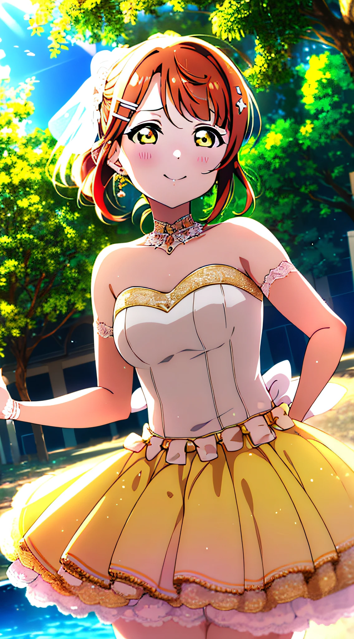 (best quality), (HD),high quality, best quality, masterpiece, ayumu uehara, 1girl, Anime-style color grading, bushiroad studio coloring style, yellow eyes, medium hair, ((pony tail hair)), ((wedding dress)), sunny day:1.5