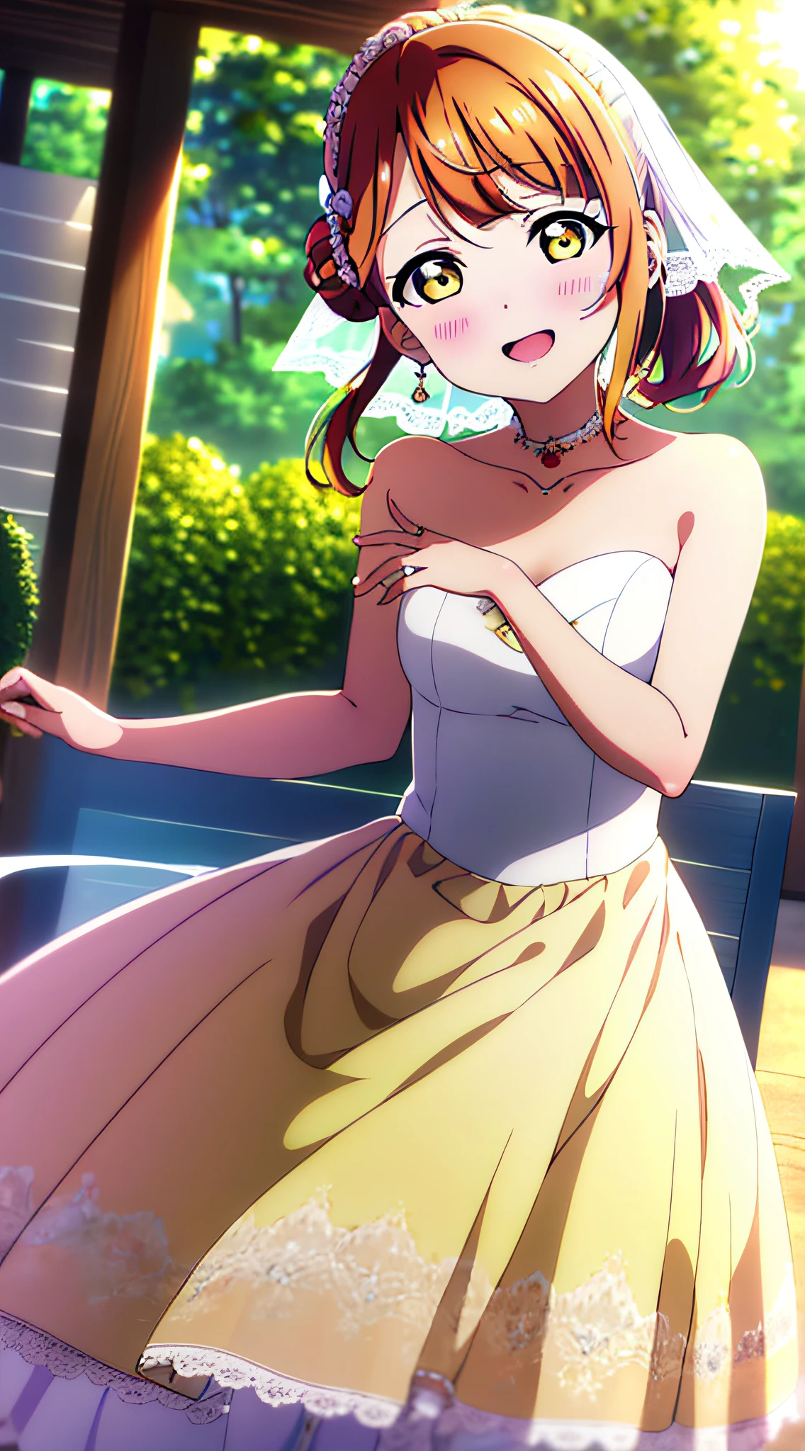 (best quality), (HD),high quality, best quality, masterpiece, ayumu uehara, 1girl, Anime-style color grading, bushiroad studio coloring style, yellow eyes, medium hair, ((pony tail hair)), ((wedding dress)), sunny day:1.5