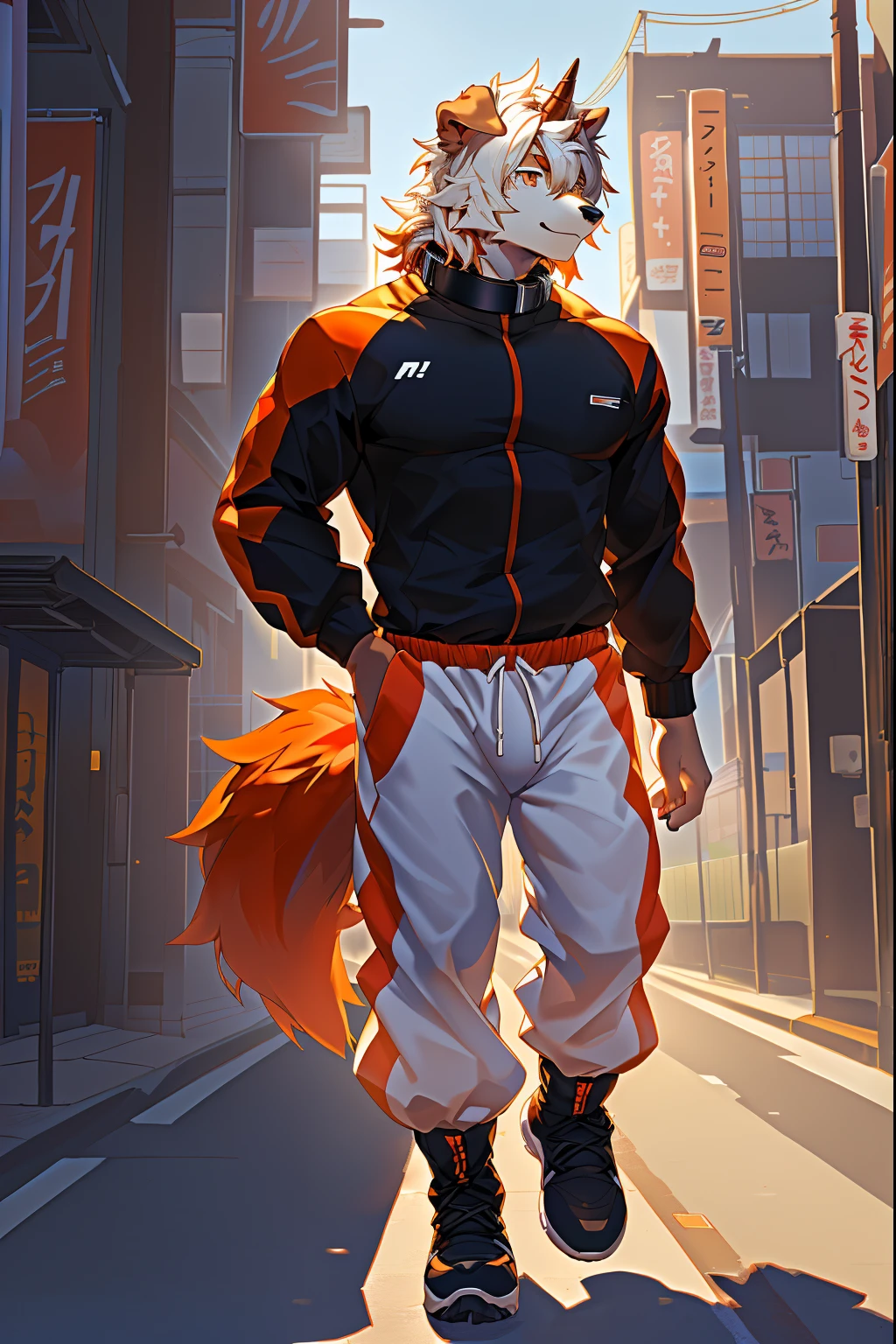 (stay in log, author:ghost of emptiness, by making friends, by honoway, by thebigslick, by fenherz), male people, Alone, Domestic dogs, horn, shrug ears, paws with claws, ssmile, toyko, akihabara, neonlight, the street,tmasterpiece, Best quality, offcial art, extremely detaild的 CG unified 8k wallpapers, ultra - detailed, Best Best Illustration, The best shadow, perfect litthing, White fur, furry male, Dog boy, hairy pubic hair, Two-tone fur, 1 boy, Hair color, malefocus, horn, Striped hair, dog ears, Animal ears, single horn, Brown fur, through bangs, orange color hair, White hair, Medium hair, Orange eyes, Alone, jogging,track suit,boots,track pants,whitestocking,Orange tail,furry tail,Big abs,The light is very gentle,wearing collar on neck,Dog leashes,natta,Tall and strong,Lateral face,full bodyesbian
