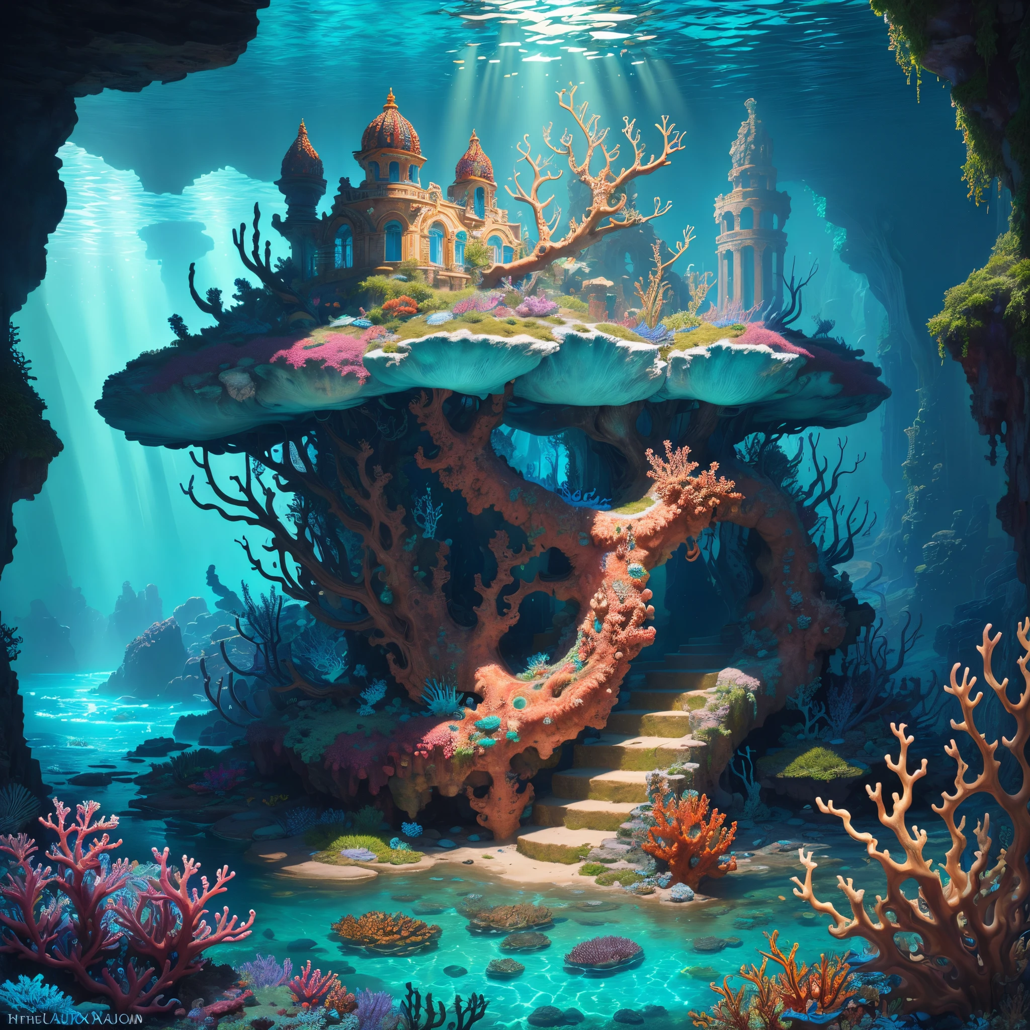 The underwater world of Atlantis, deep sea, epic reality, (hdr: 1.4), dappled sunlight, cool colors, ancient ruins, ocean-type houses full of design sense, deep-sea creatures, coral, fantastic and incredible, epic composition , (Complicated Detail), (Complicated Detail, Ultra Detail: 1.2), Art Station, (Masterpiece, Best Quality) --v 6