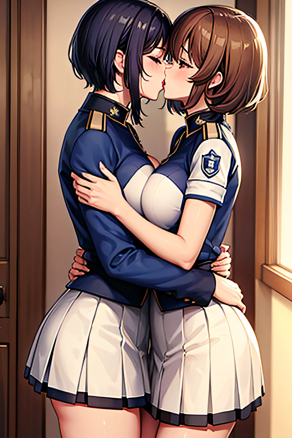 Kiss between girls in uniform、masuter piece、Bleated skirt、short-hair、The ultra -The high-definition、Two women hugging each other