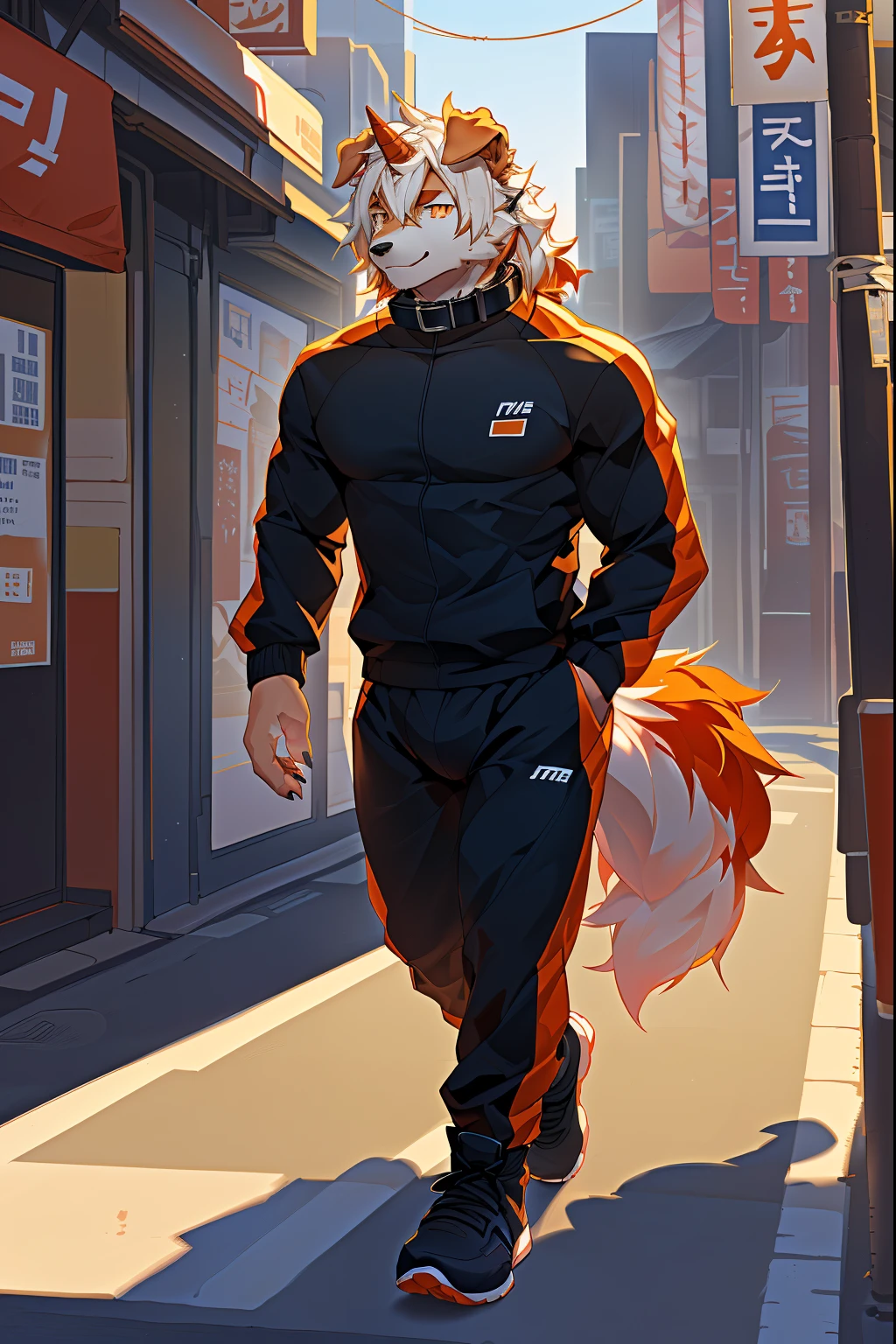 (stay in log, author:ghost of emptiness, by making friends, by honoway, by thebigslick, by fenherz), male people, Alone, Domestic dogs, horn, shrug ears, paws with claws, ssmile, toyko, akihabara, neonlight, the street,tmasterpiece, Best quality, offcial art, extremely detaild的 CG unified 8k wallpapers, ultra - detailed, Best Best Illustration, The best shadow, perfect litthing, White fur, furry male, Dog boy, hairy pubic hair, Two-tone fur, 1 boy, Hair color, malefocus, horn, Striped hair, dog ears, Animal ears, single horn, Brown fur, through bangs, orange color hair, White hair, Medium hair, Orange eyes, Alone, jogging,track suit,boots,track pants,whitestocking,Orange tail,furry tail,Big abs,The light is very gentle,wearing collar on neck,Dog leashes,natta,Tall and strong,Lateral face,full bodyesbian