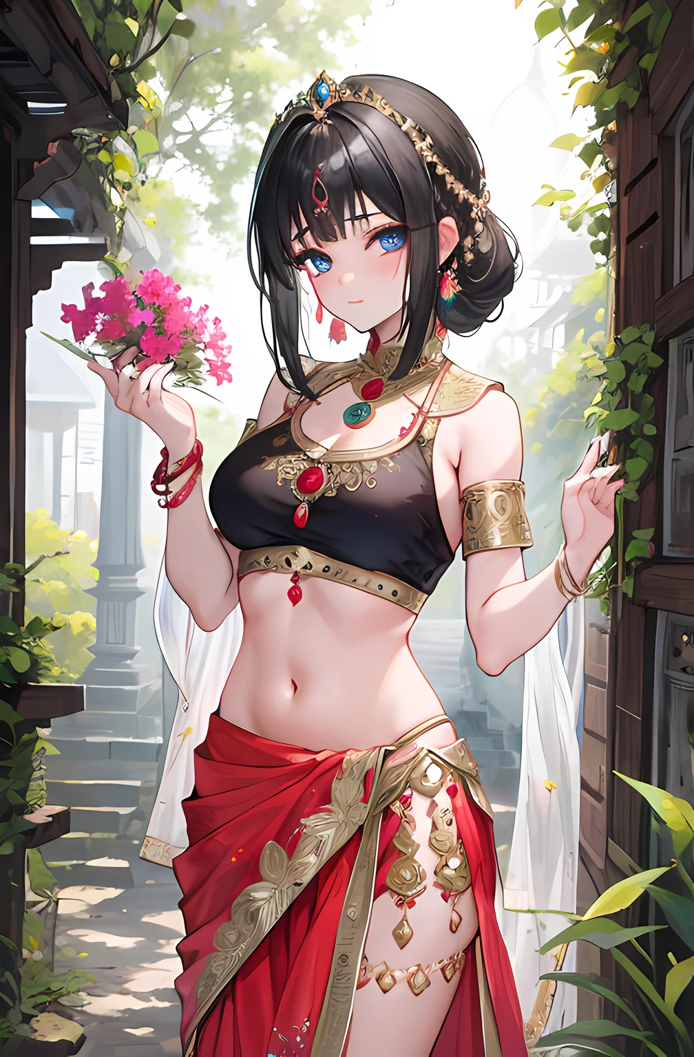 "In the enchanting realm of an ancient Hindu mythology village, a stunning high school girl graces the scene, dressed in the resplendent attire of the myths – a traditional red lehenga choli. Her black hair, styled to perfection, frames her face, and her bright blue eyes reflect the essence of timeless tales. Always happy, endlessly curious, she stands amidst the mystic charm of the village, a living embodiment of beauty and curiosity intertwined with the rich tapestry of Hindu mythology."