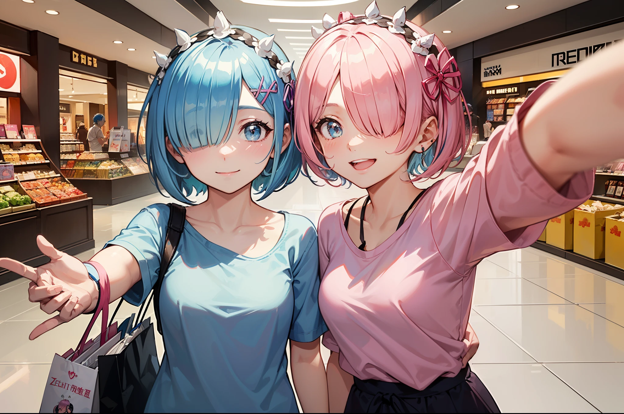 masterpiece, (2girls), couple, ((ram \(re:zero\), (pink hair), (hair tie)), (remrin:0.85), ramchi, (rem_re_zero, (light blue hair), (hair tie)), (short hair:1.5), (hair over one eye:1.3):1.4), (wearing t-shirt:1.3), (holding shopping bags:1.5), boobs, (funny face expression:1.3), (smiling face:1.2), (detailed body, detailed hands, detailed faces:1.3), (selfie:1.3), american shopping mall hall, mall background