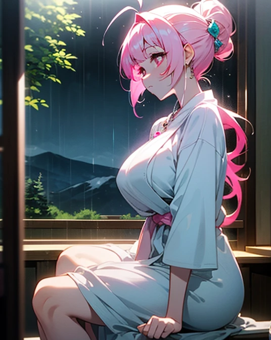 1 girl, game CG, white bathrobe, jewel pendant, gigantic breasts, white and pink hair, long hair, hair up, princess hairstyle, ahoge, pink eyes, mountains, trees, indoors, rain, sitting, from the side,